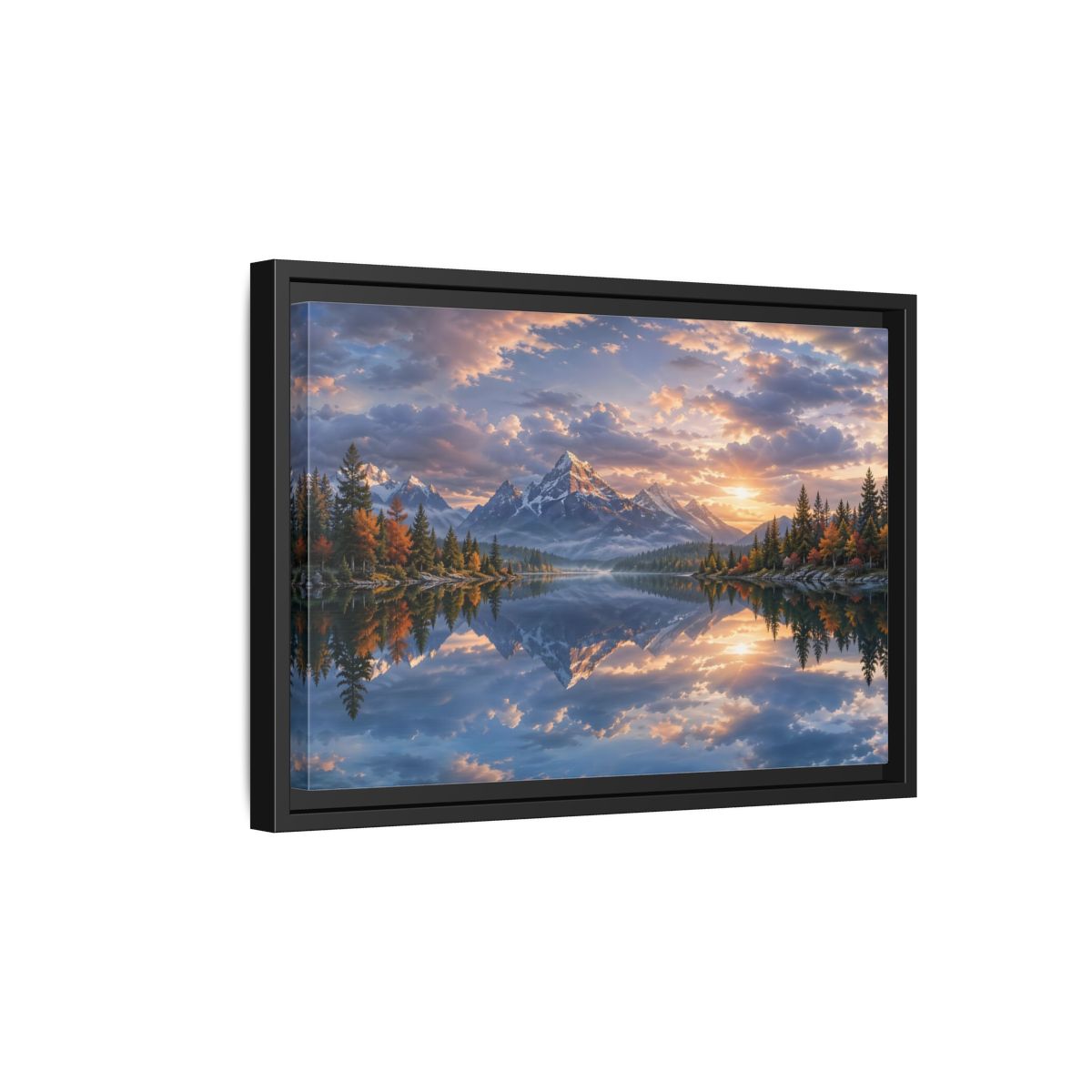 Side Mockup 6. Nature Snowy Mountains Sunset Mountain Lake shown as stretched canvas wall art