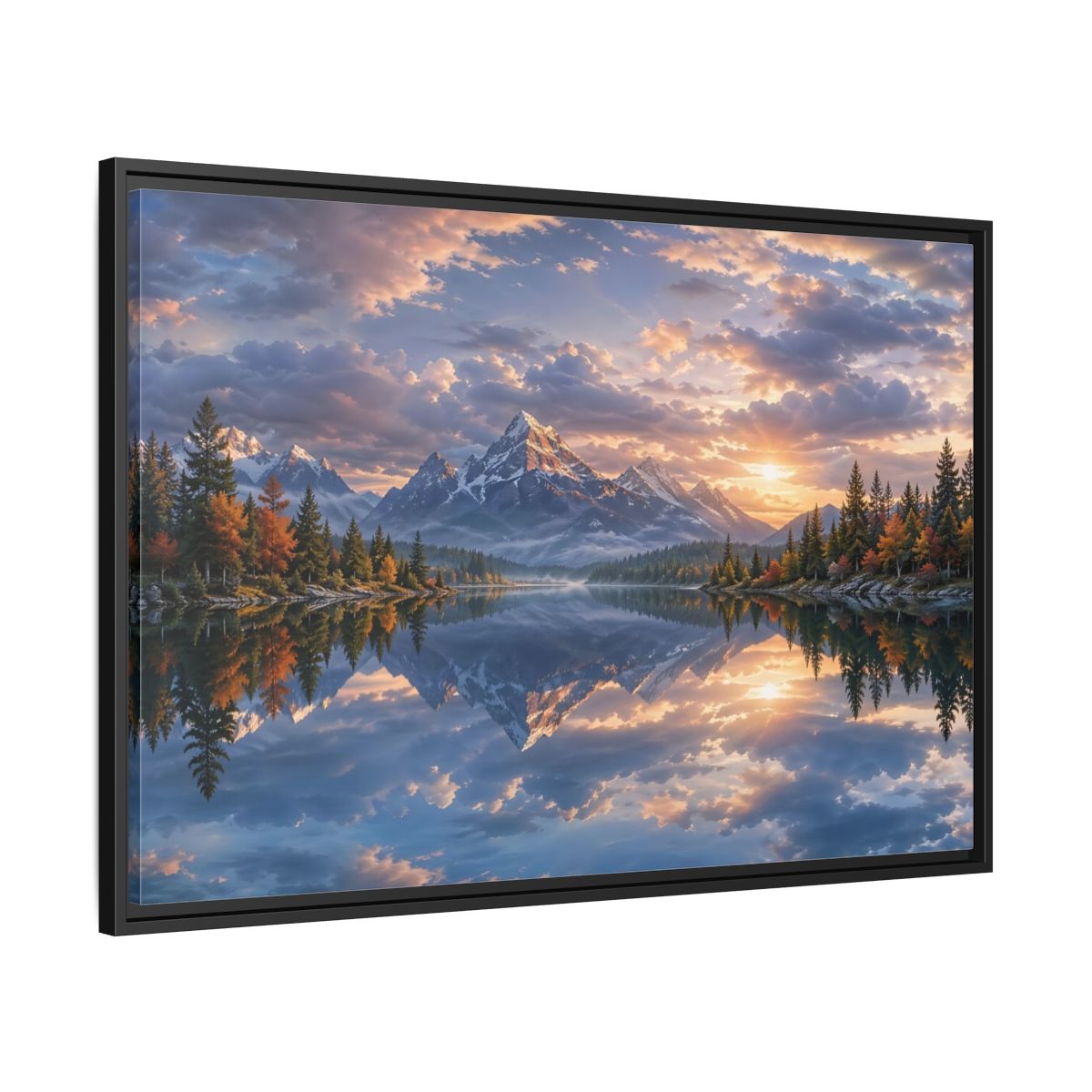 Side Mockup 13. Nature Snowy Mountains Sunset Mountain Lake shown as stretched canvas wall art