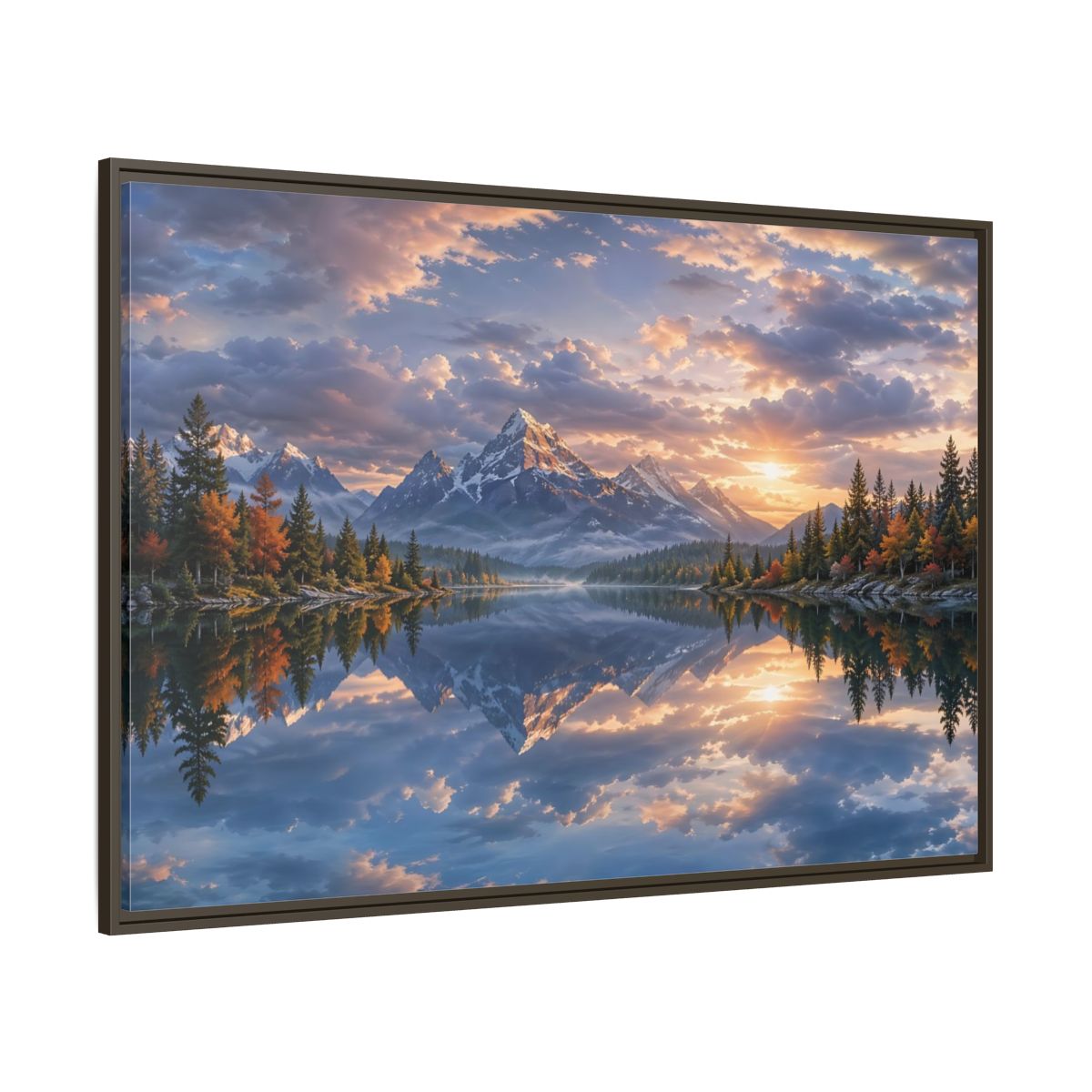 Side Mockup 8. Nature Snowy Mountains Sunset Mountain Lake shown as stretched canvas wall art