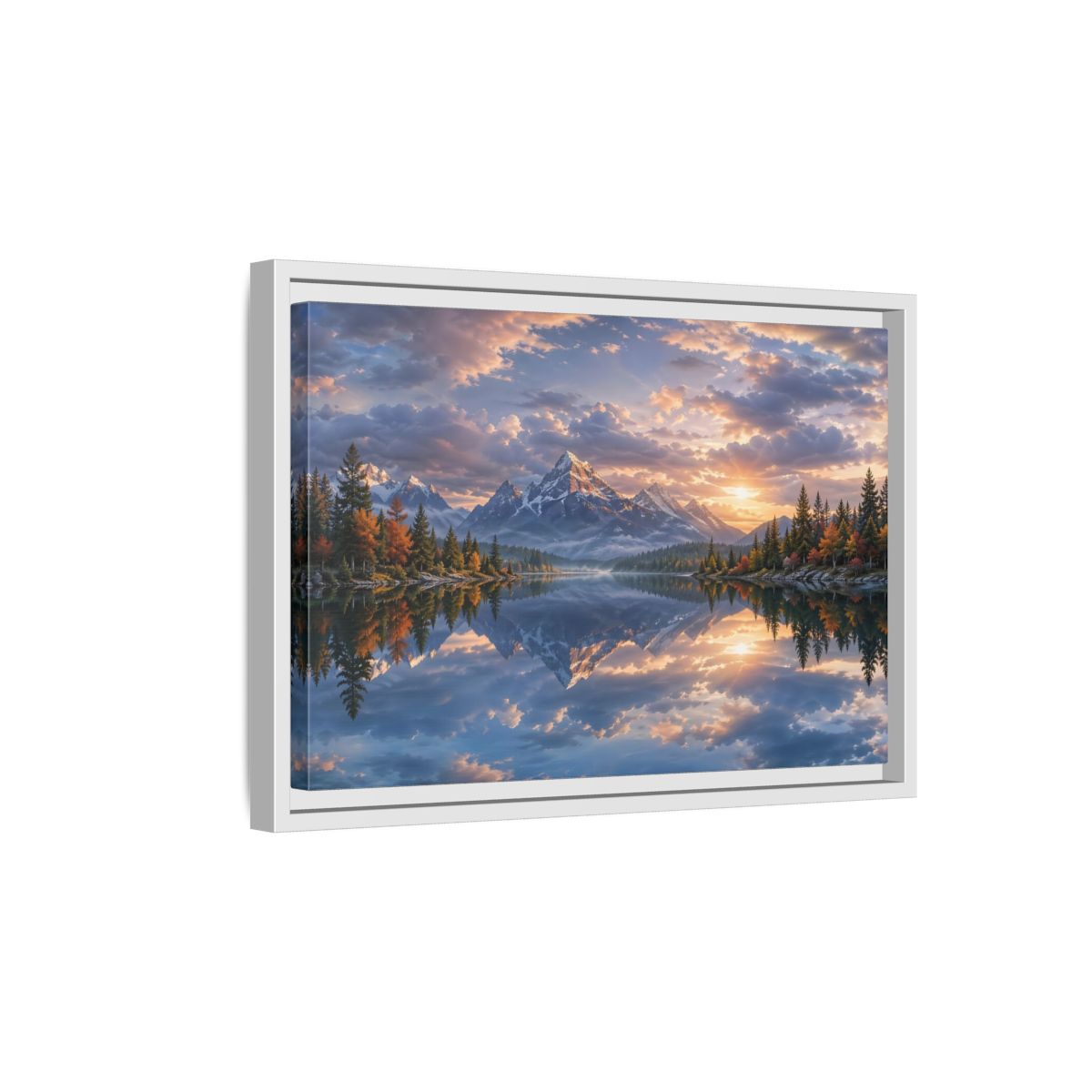 Side Mockup 4. Nature Snowy Mountains Sunset Mountain Lake shown as stretched canvas wall art