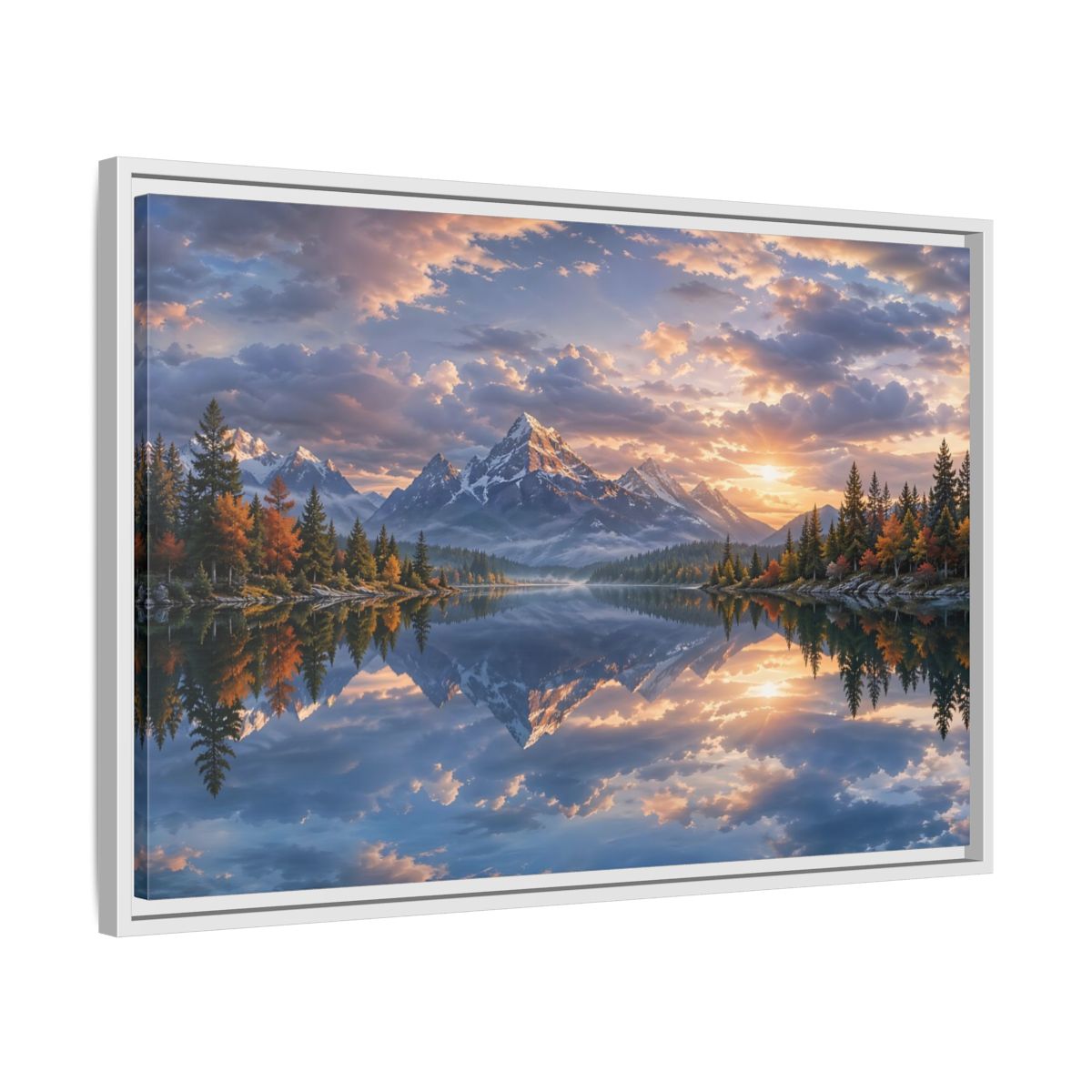 Side Mockup 10. Nature Snowy Mountains Sunset Mountain Lake shown as stretched canvas wall art