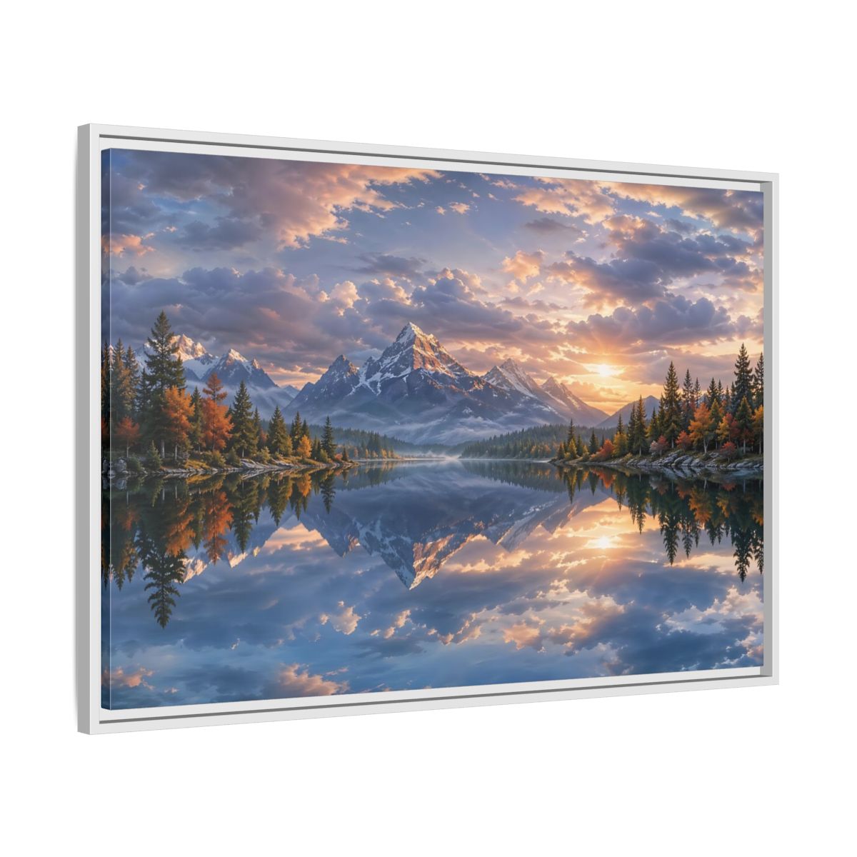 Side Mockup 9. Nature Snowy Mountains Sunset Mountain Lake shown as stretched canvas wall art