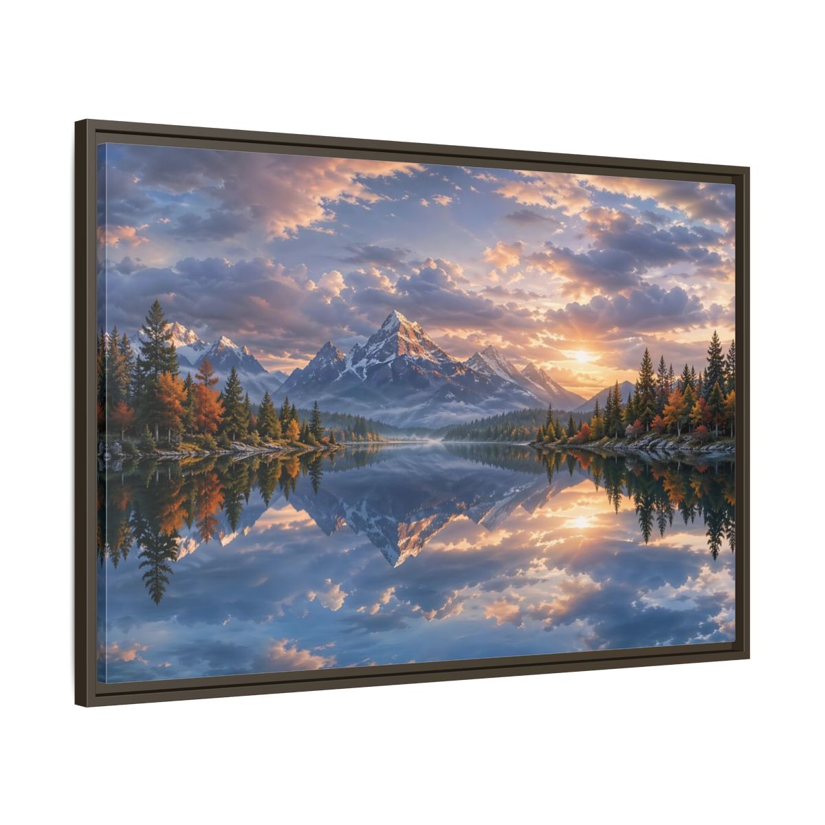 Main Mockup. Nature Snowy Mountains Sunset Mountain Lake shown as stretched canvas wall art