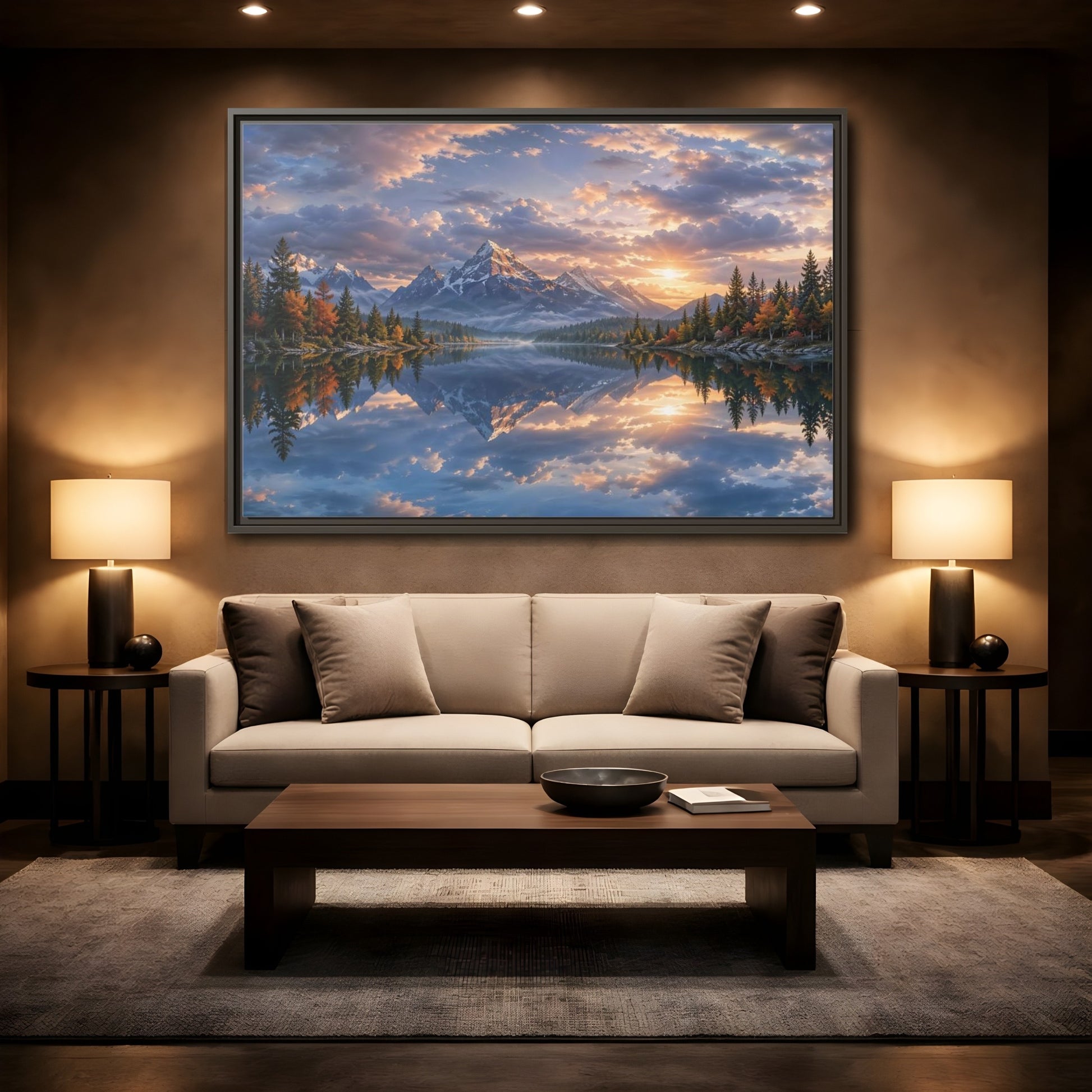 Mockup 2. Nature Snowy Mountains Sunset Mountain Lake shown as stretched canvas wall art