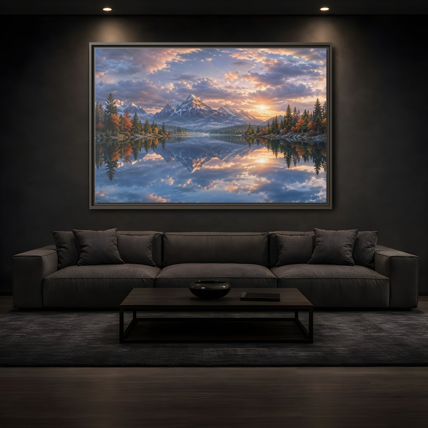 Mockup 3. Nature Snowy Mountains Sunset Mountain Lake shown as stretched canvas wall art