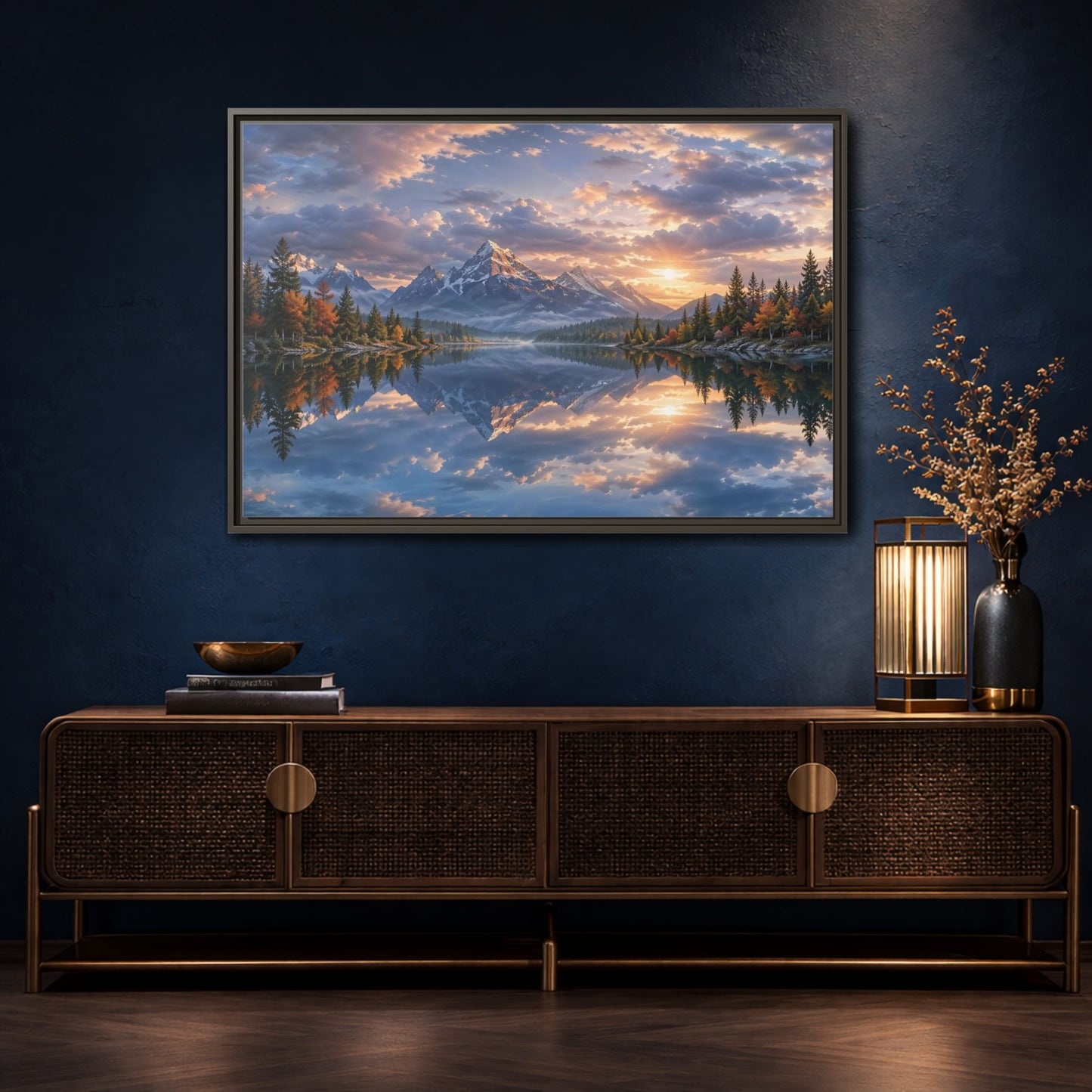 Mockup 4. Nature Snowy Mountains Sunset Mountain Lake shown as stretched canvas wall art