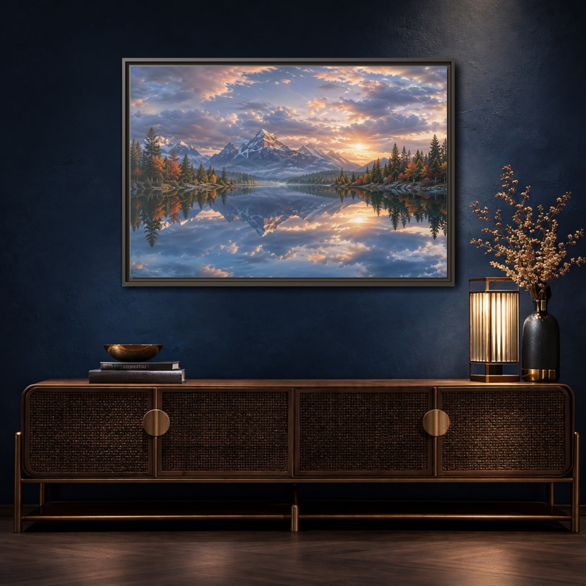 Mockup 4. Nature Snowy Mountains Sunset Mountain Lake shown as stretched canvas wall art