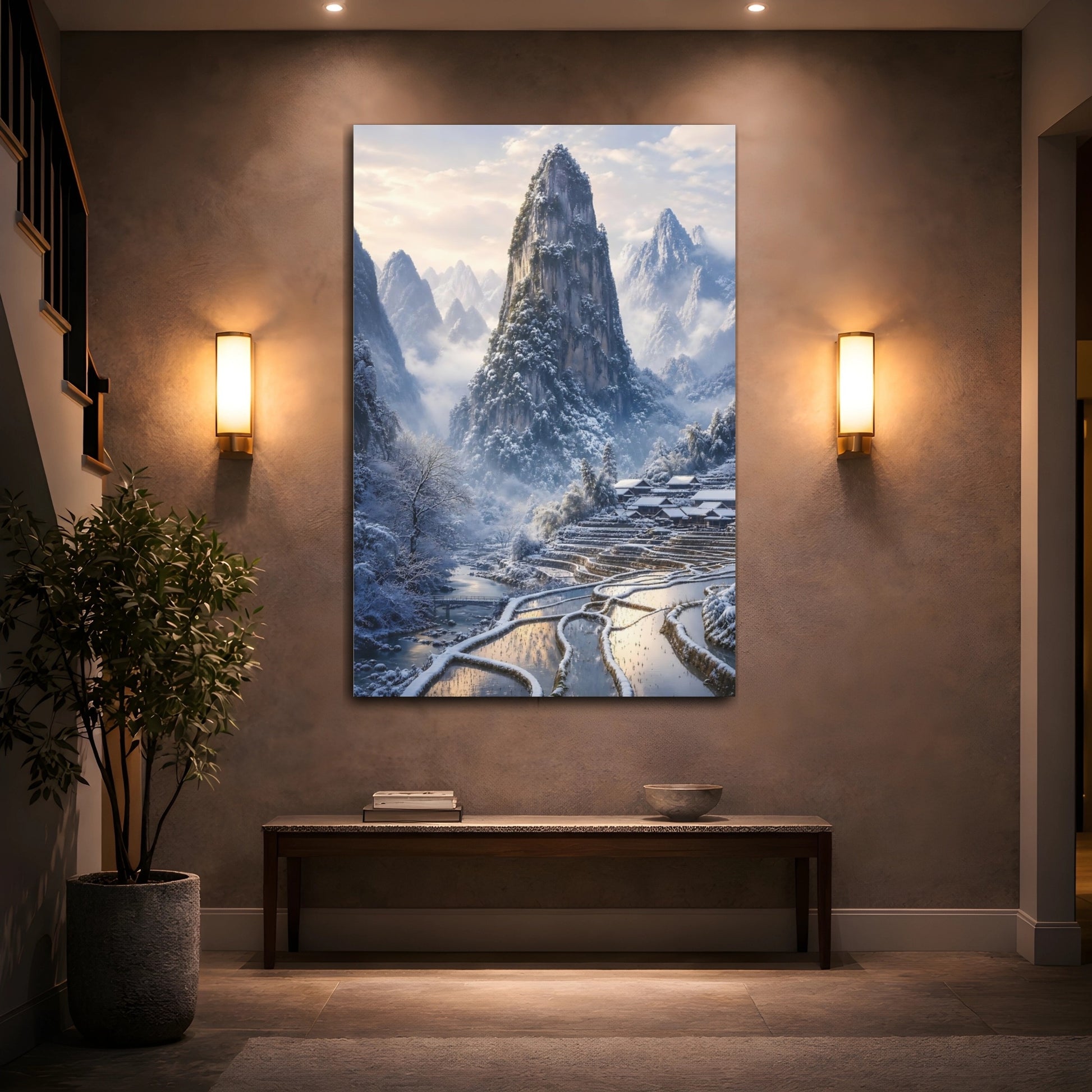 Mockup 2. Nature Snowy Mountains Winter Mountain Village shown as stretched canvas wall art