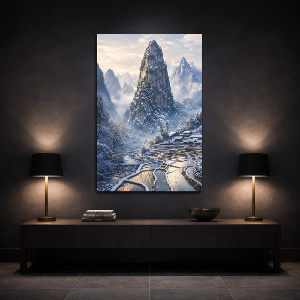 Mockup 3. Nature Snowy Mountains Winter Mountain Village shown as stretched canvas wall art