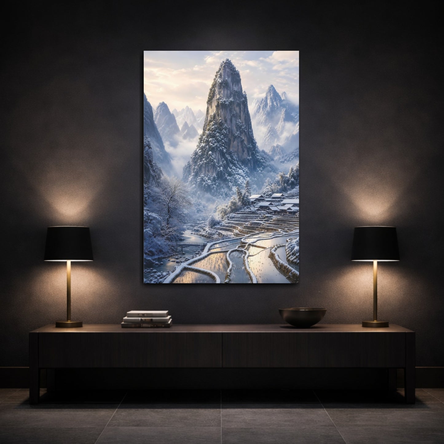 Mockup 3. Nature Snowy Mountains Winter Mountain Village shown as stretched canvas wall art