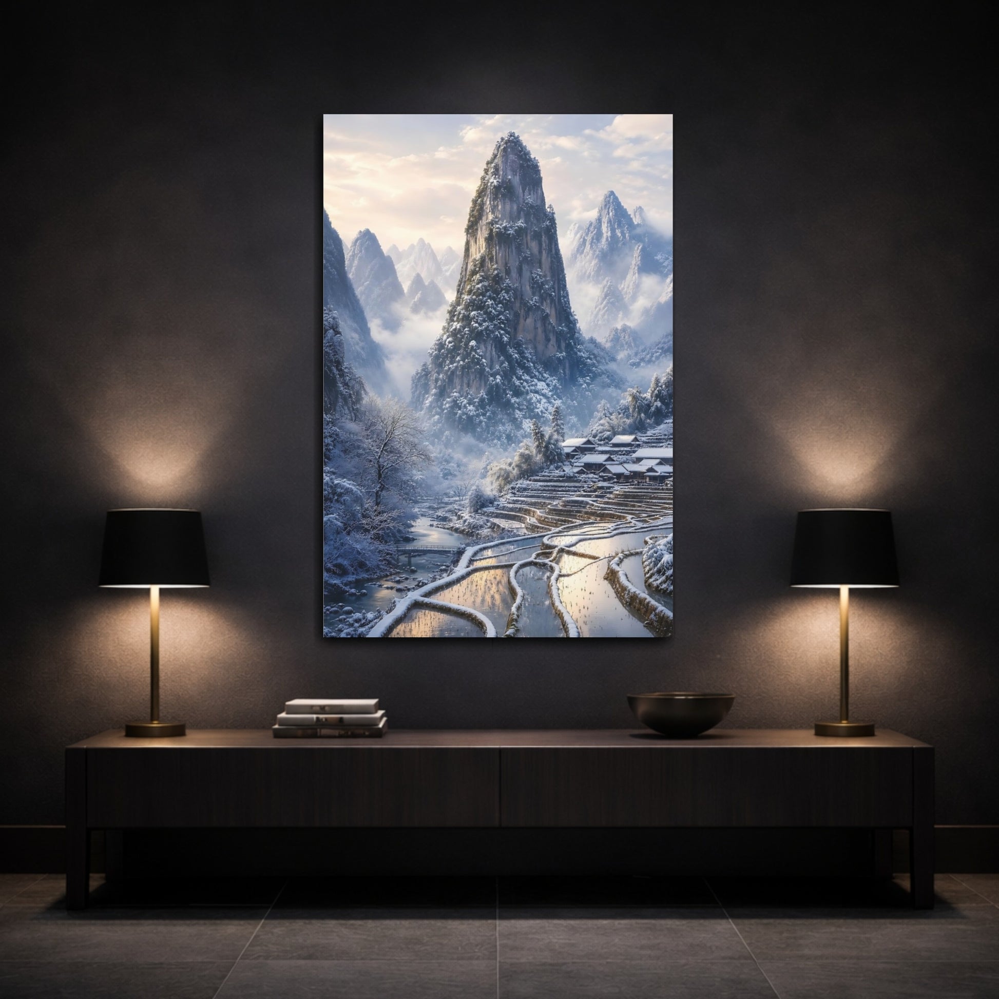 Mockup 3. Nature Snowy Mountains Winter Mountain Village shown as stretched canvas wall art