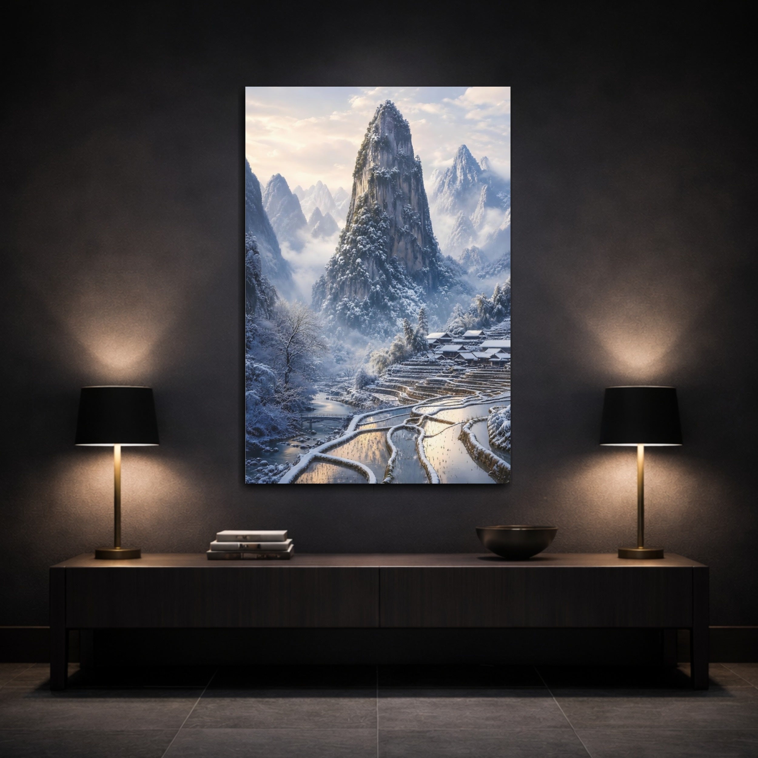 Mockup 3. Nature Snowy Mountains Winter Mountain Village shown as stretched canvas wall art