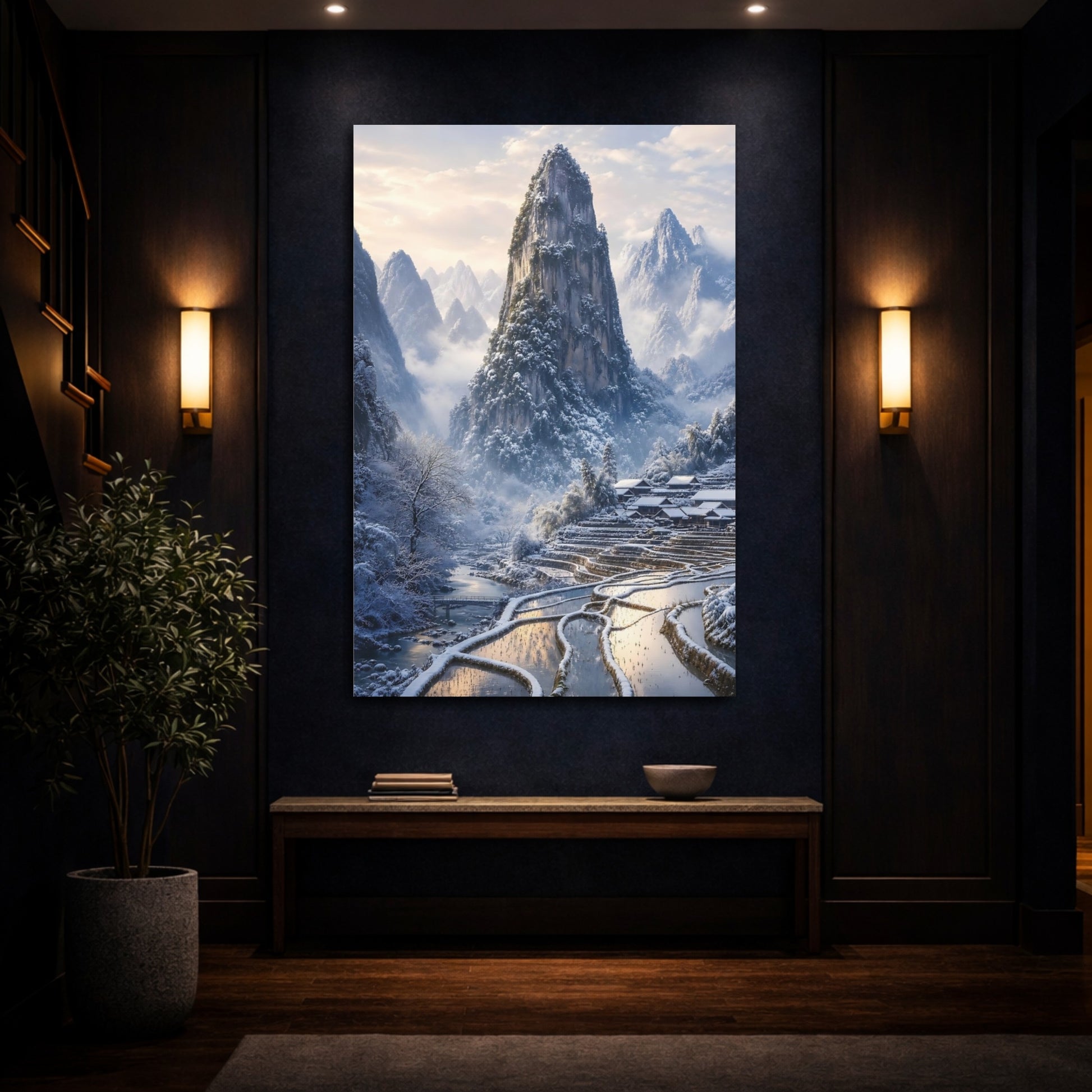 Mockup 4. Nature Snowy Mountains Winter Mountain Village shown as stretched canvas wall art