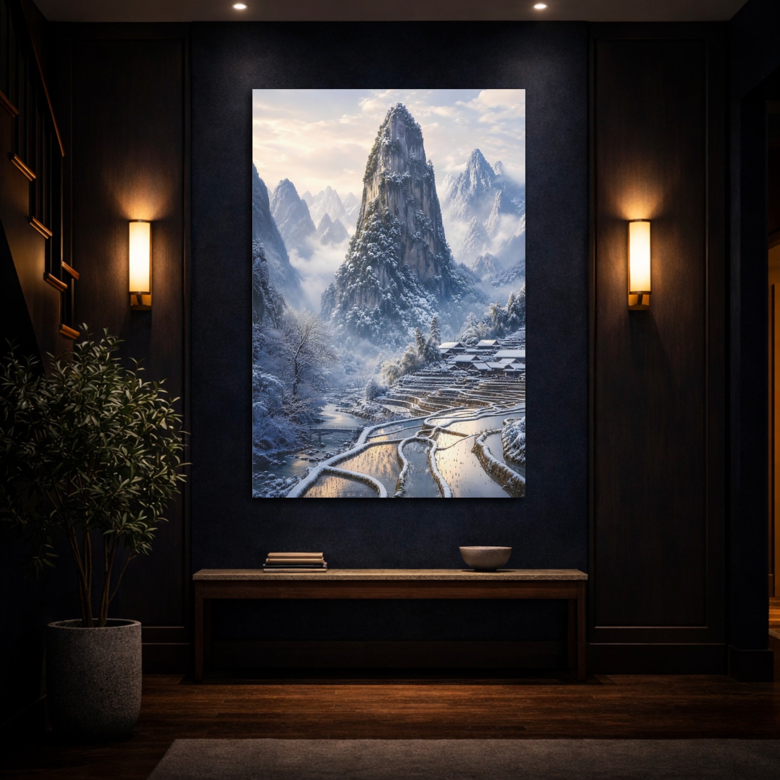 Mockup 4. Nature Snowy Mountains Winter Mountain Village shown as stretched canvas wall art