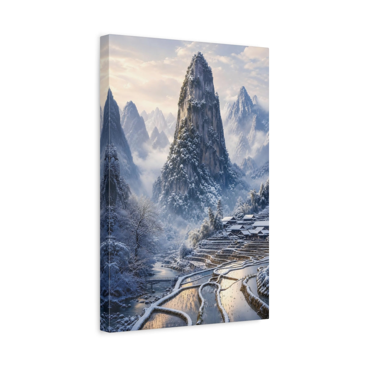 Side Mockup 4. Nature Snowy Mountains Winter Mountain Village shown as stretched canvas wall art