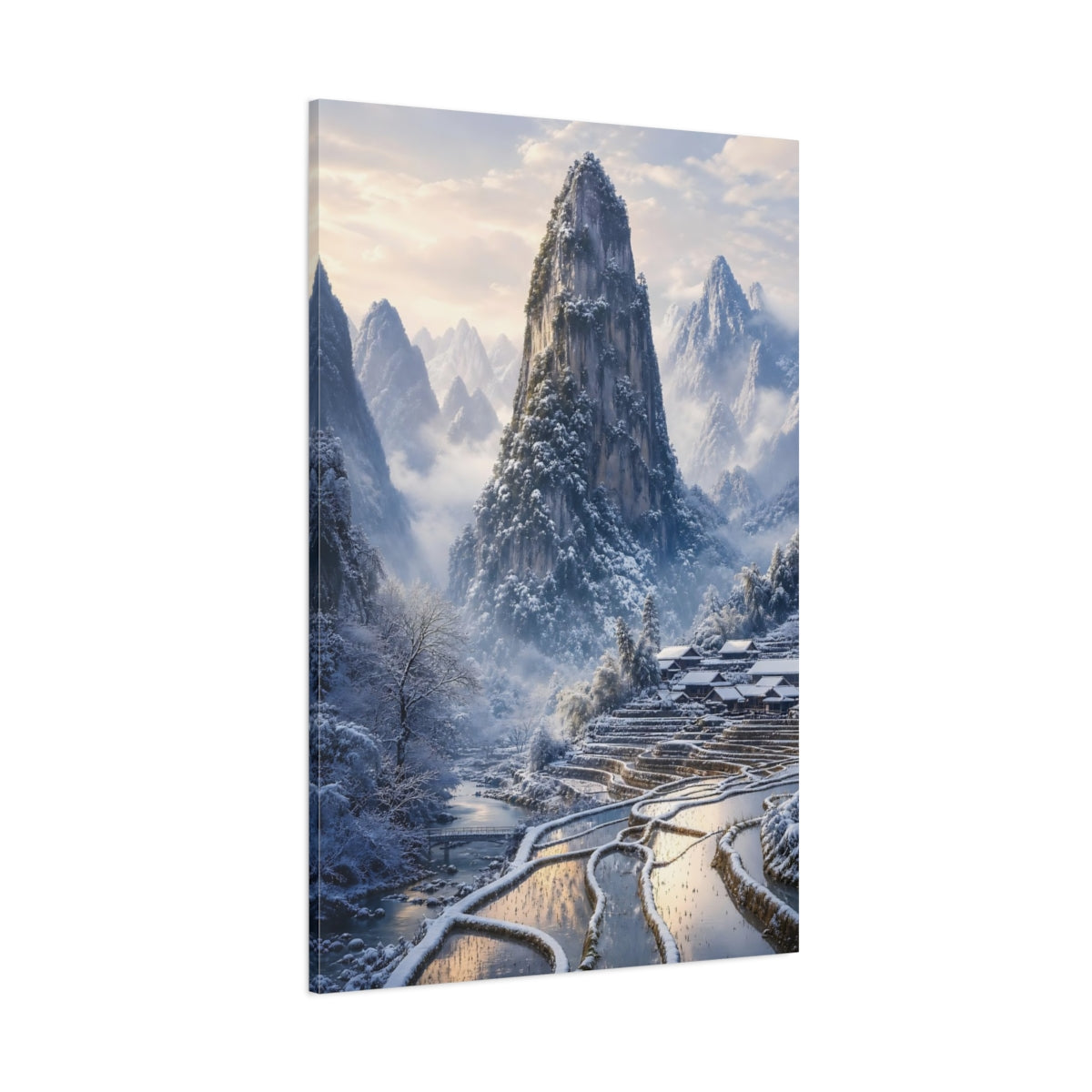 Side Mockup 1. Nature Snowy Mountains Winter Mountain Village shown as stretched canvas wall art