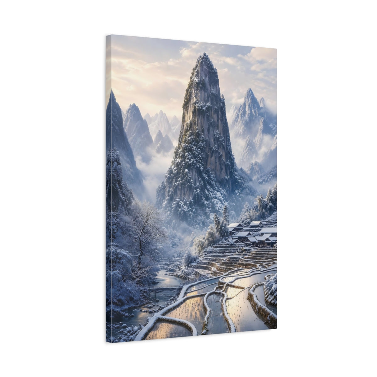 Side Mockup 2. Nature Snowy Mountains Winter Mountain Village shown as stretched canvas wall art