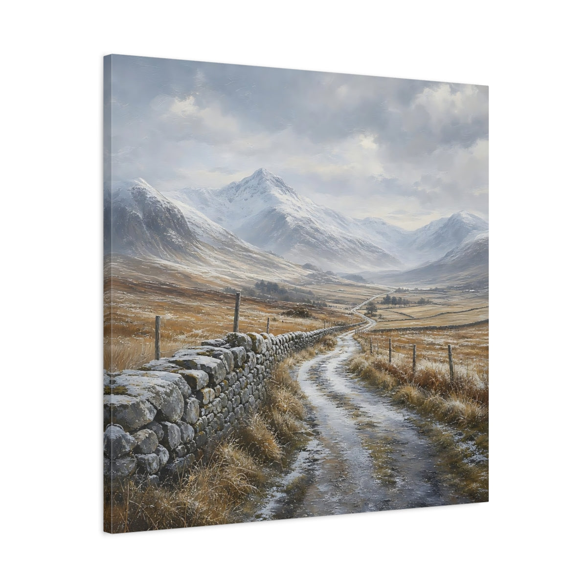 Side Mockup 3. Nature Snowy Valley Winter Landscape shown as stretched canvas wall art