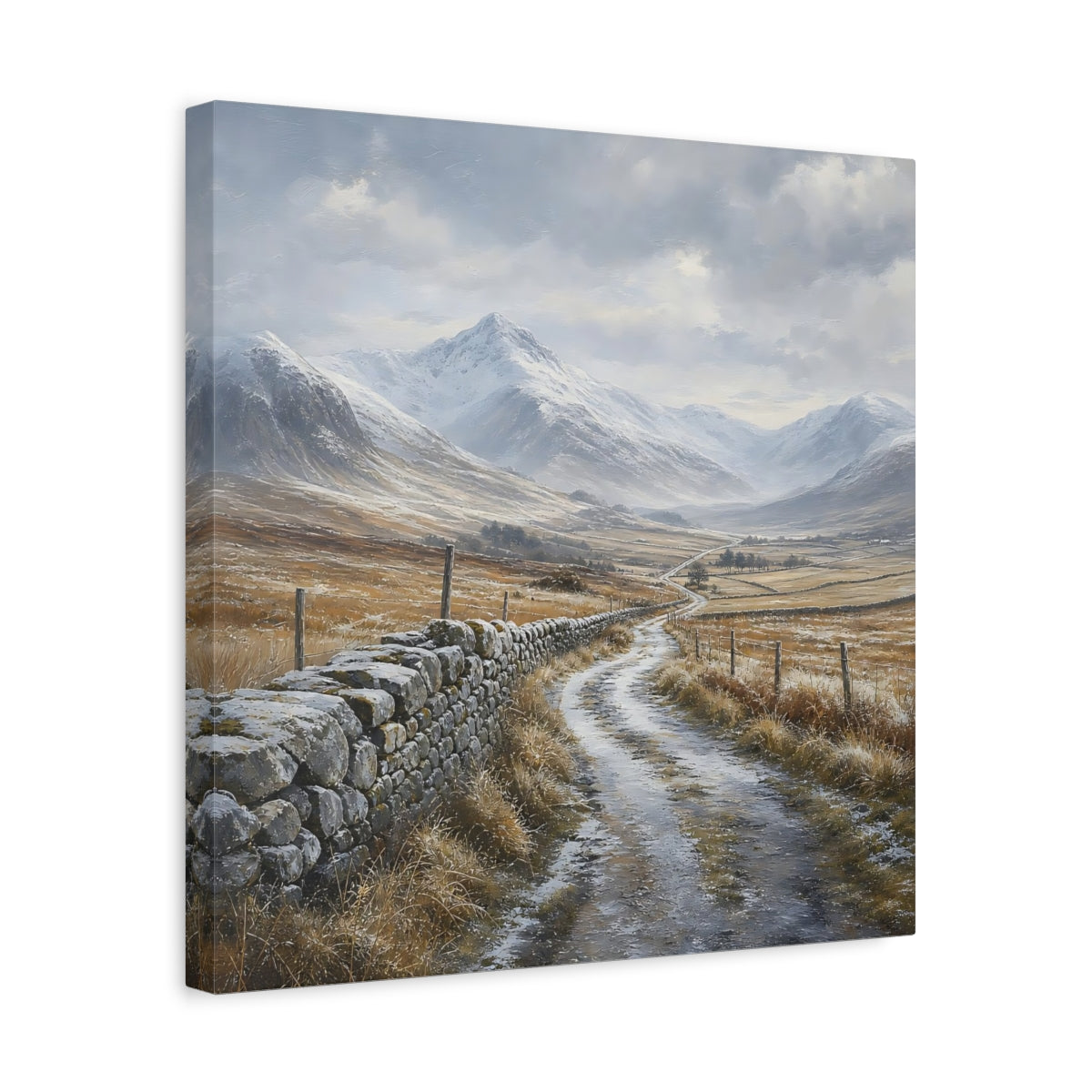 Side Mockup 6. Nature Snowy Valley Winter Landscape shown as stretched canvas wall art
