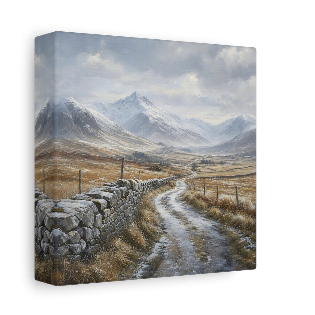 Side Mockup 2. Nature Snowy Valley Winter Landscape shown as stretched canvas wall art