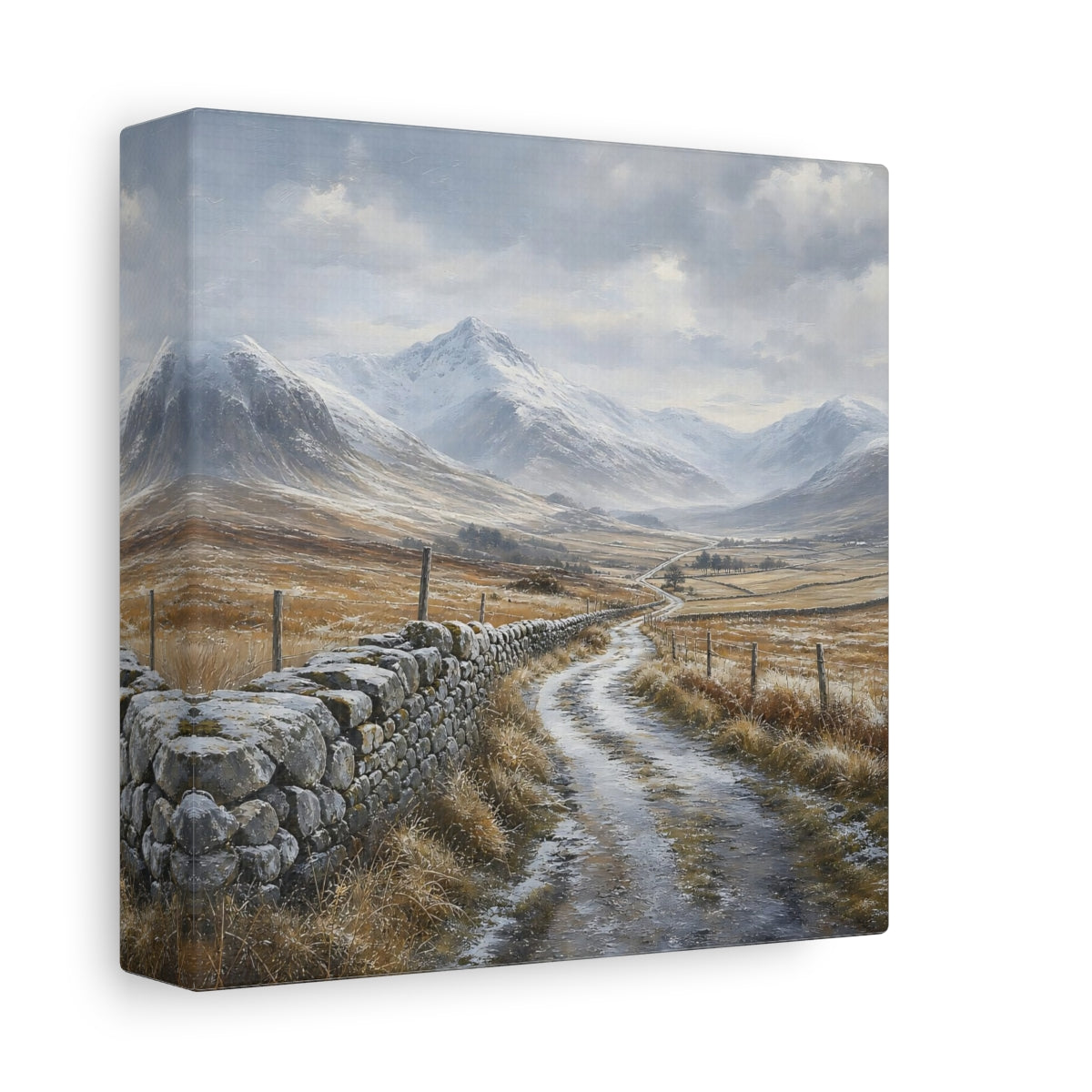 Side Mockup 2. Nature Snowy Valley Winter Landscape shown as stretched canvas wall art