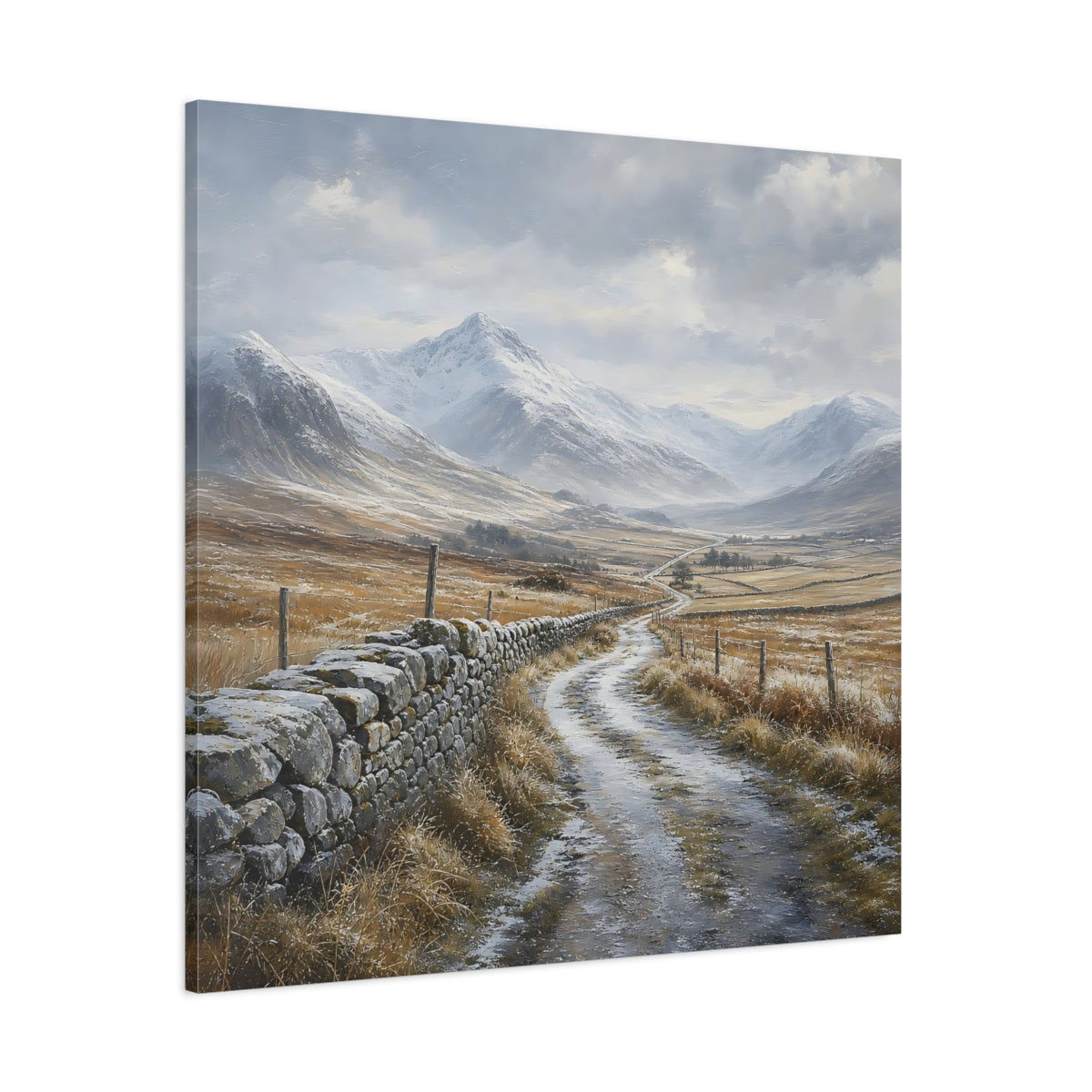 Side Mockup 1. Nature Snowy Valley Winter Landscape shown as stretched canvas wall art