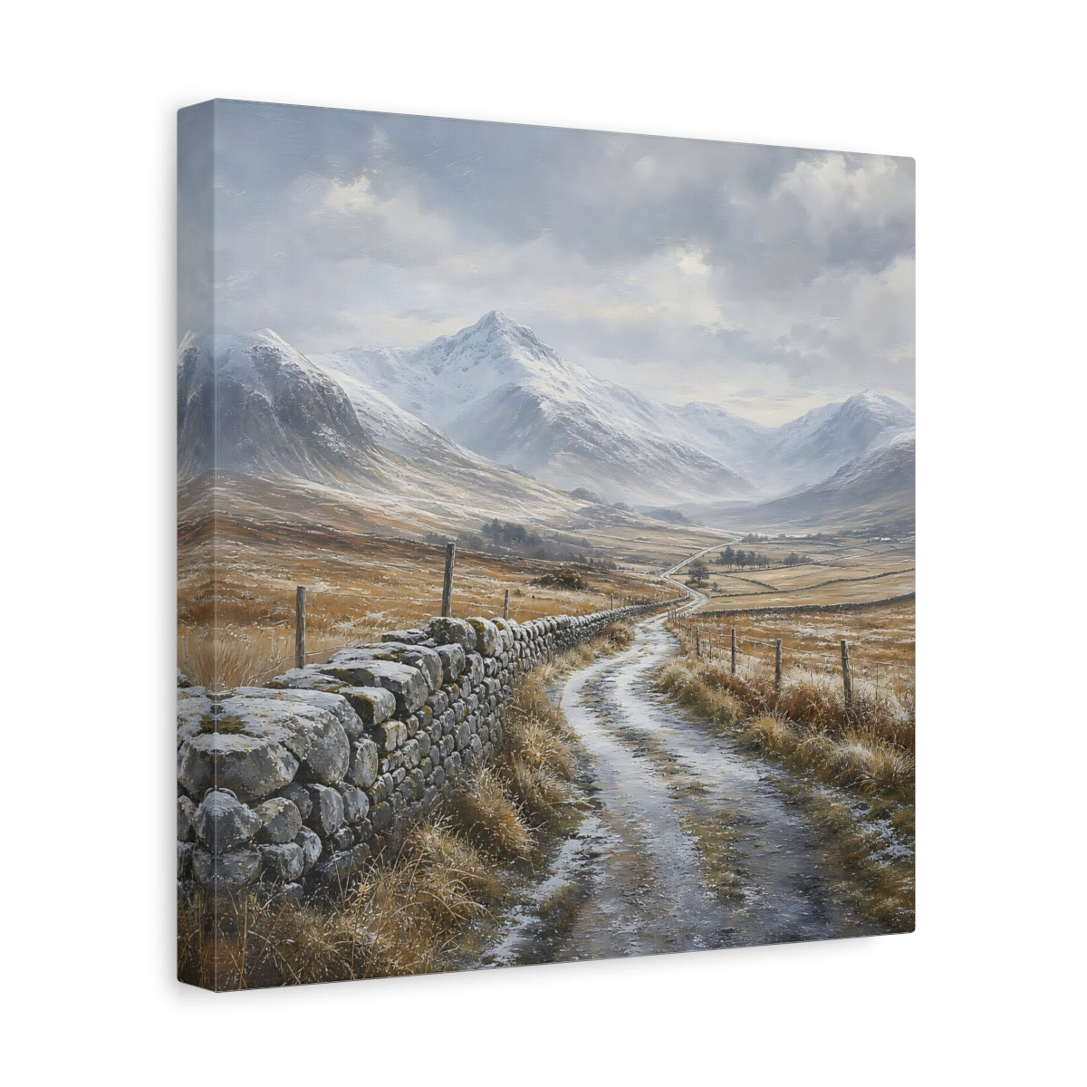 Side Mockup 8. Nature Snowy Valley Winter Landscape shown as stretched canvas wall art
