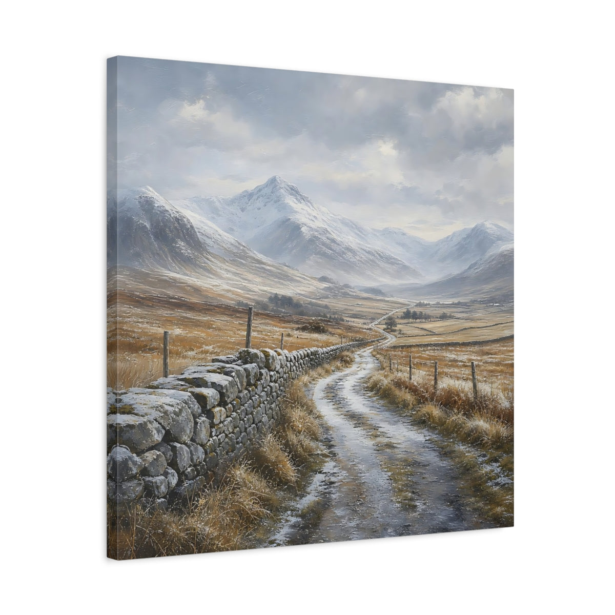 Side Mockup 4. Nature Snowy Valley Winter Landscape shown as stretched canvas wall art