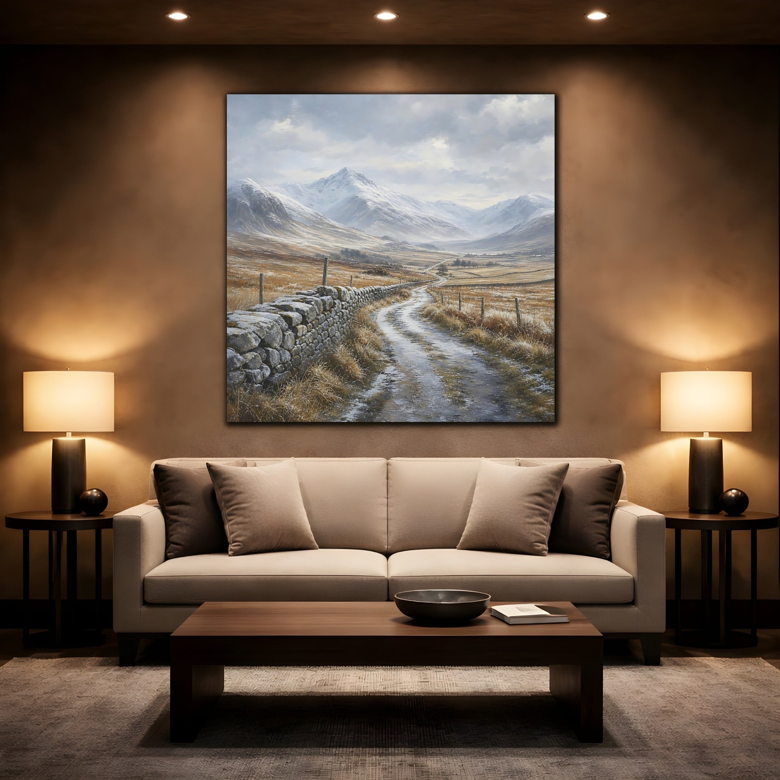 Mockup 2. Nature Snowy Valley Winter Landscape shown as stretched canvas wall art