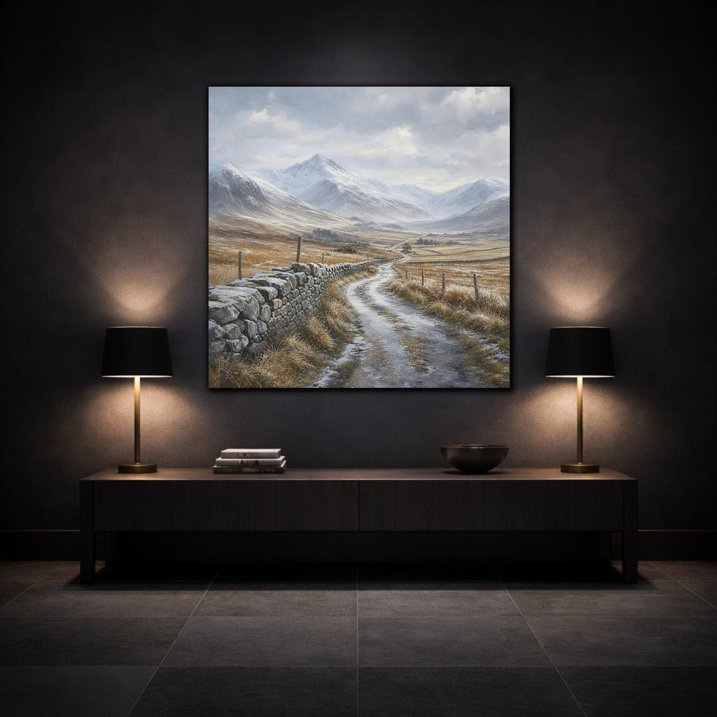 Mockup 3. Nature Snowy Valley Winter Landscape shown as stretched canvas wall art