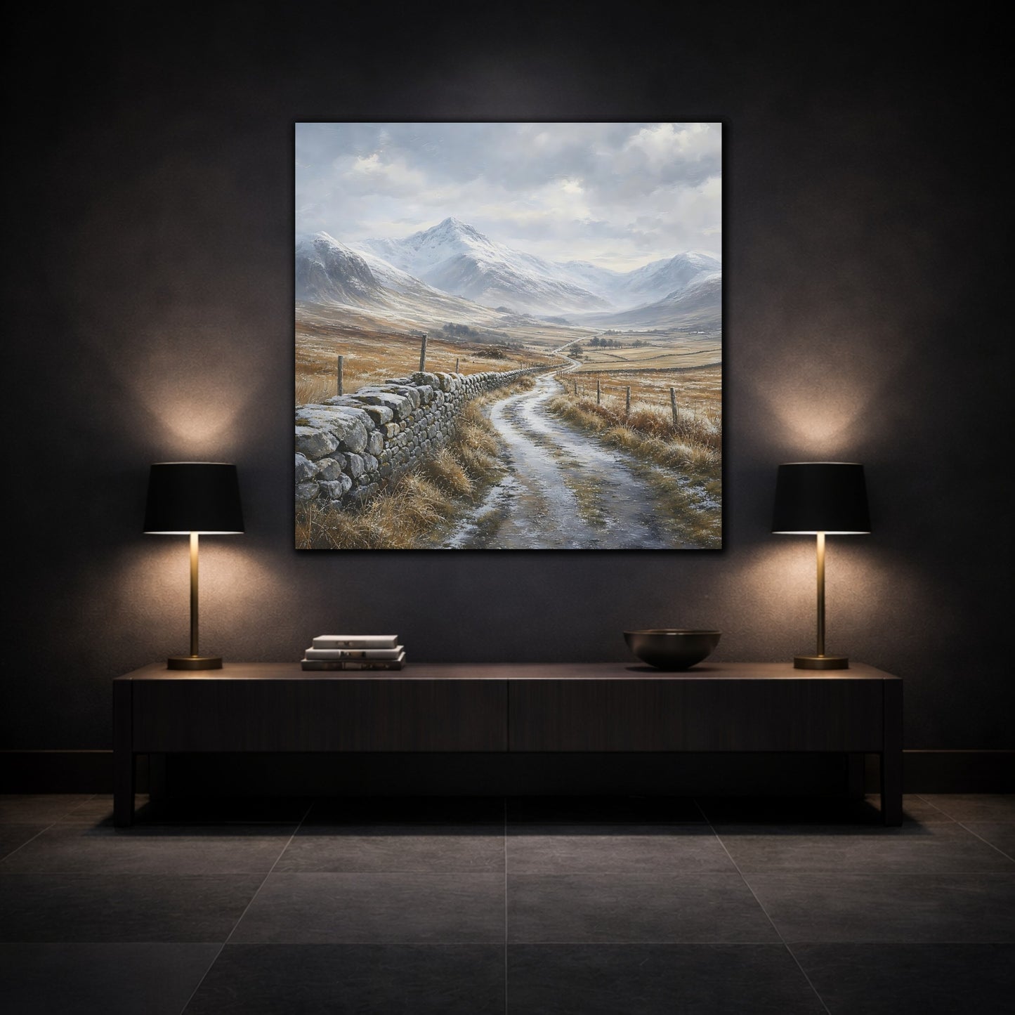 Mockup 3. Nature Snowy Valley Winter Landscape shown as stretched canvas wall art