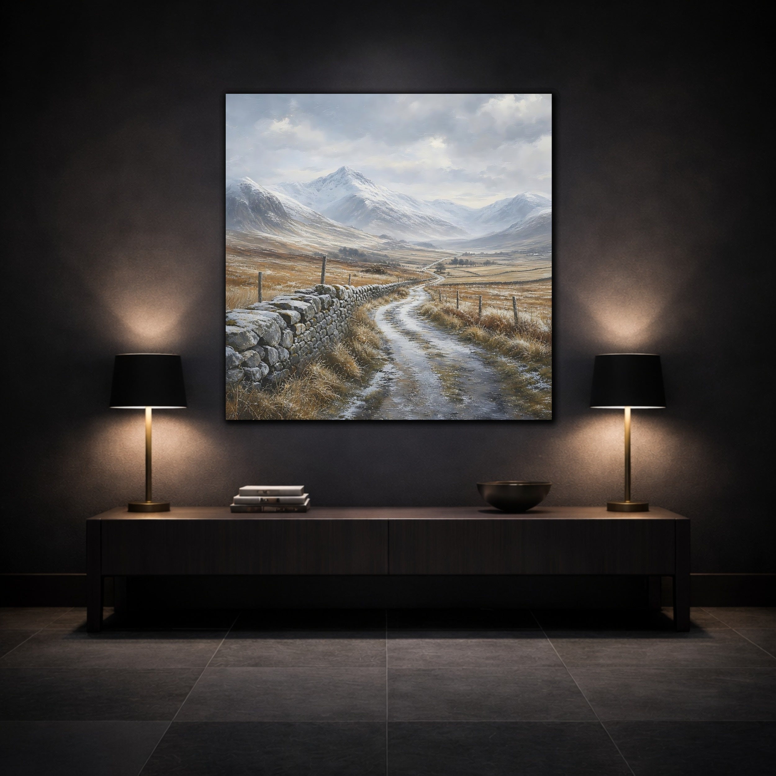 Mockup 3. Nature Snowy Valley Winter Landscape shown as stretched canvas wall art