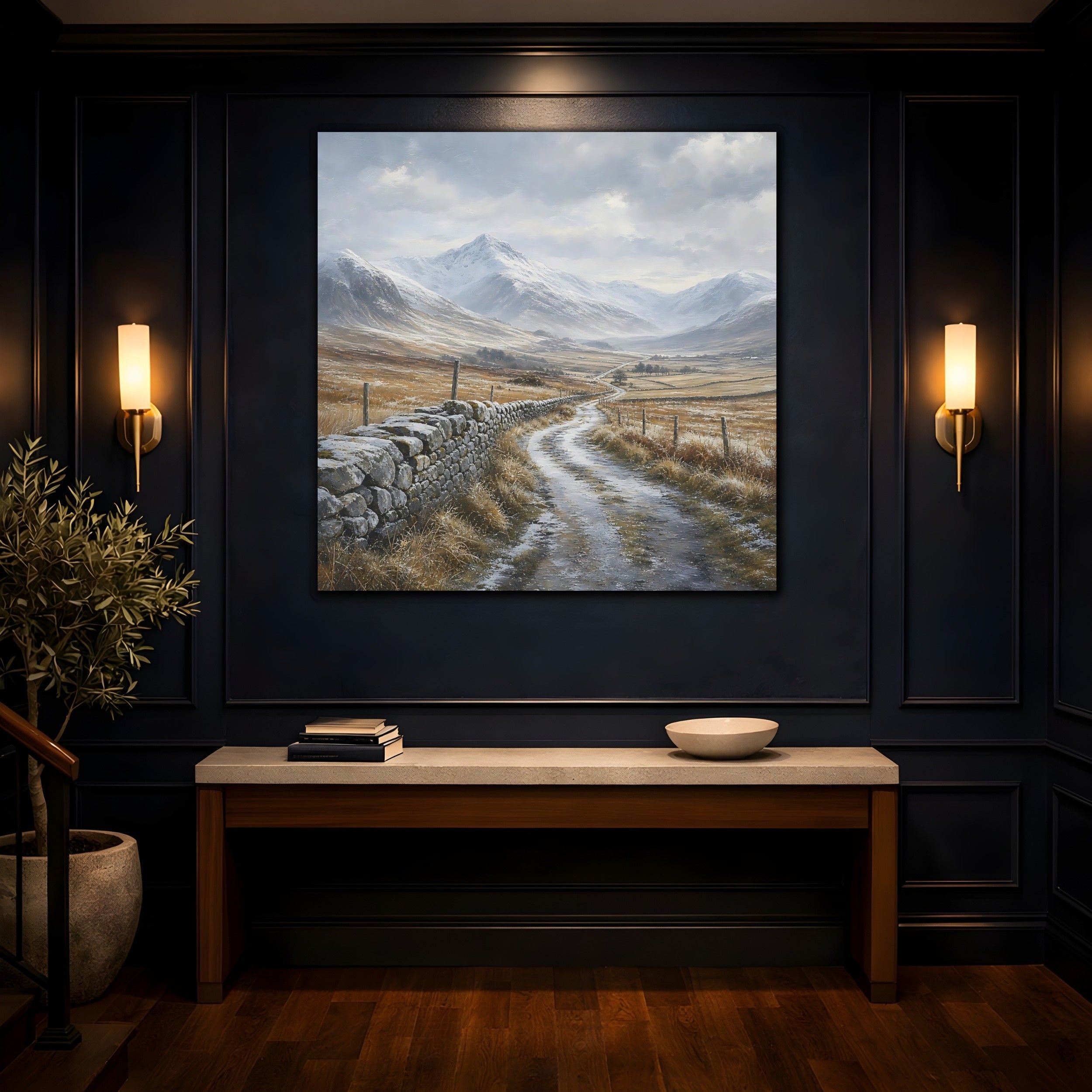 Mockup 4. Nature Snowy Valley Winter Landscape shown as stretched canvas wall art