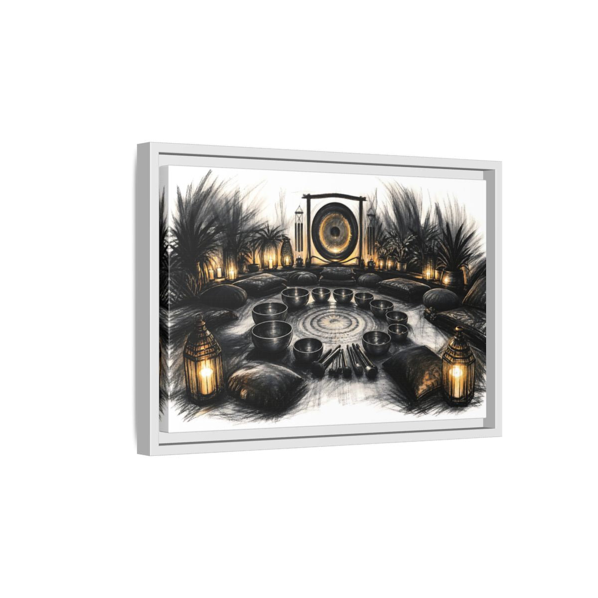 Side Mockup 4. Nature Sound Bath Charcoal Gold Meditation shown as framed canvas print