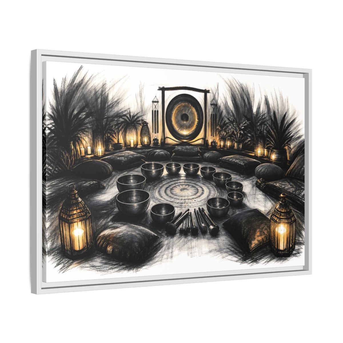 Side Mockup 10. Nature Sound Bath Charcoal Gold Meditation shown as framed canvas print