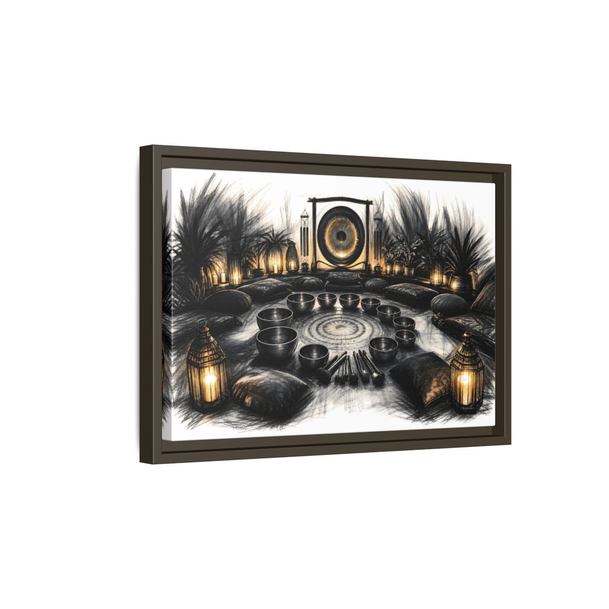 Side Mockup 5. Nature Sound Bath Charcoal Gold Meditation shown as framed canvas print