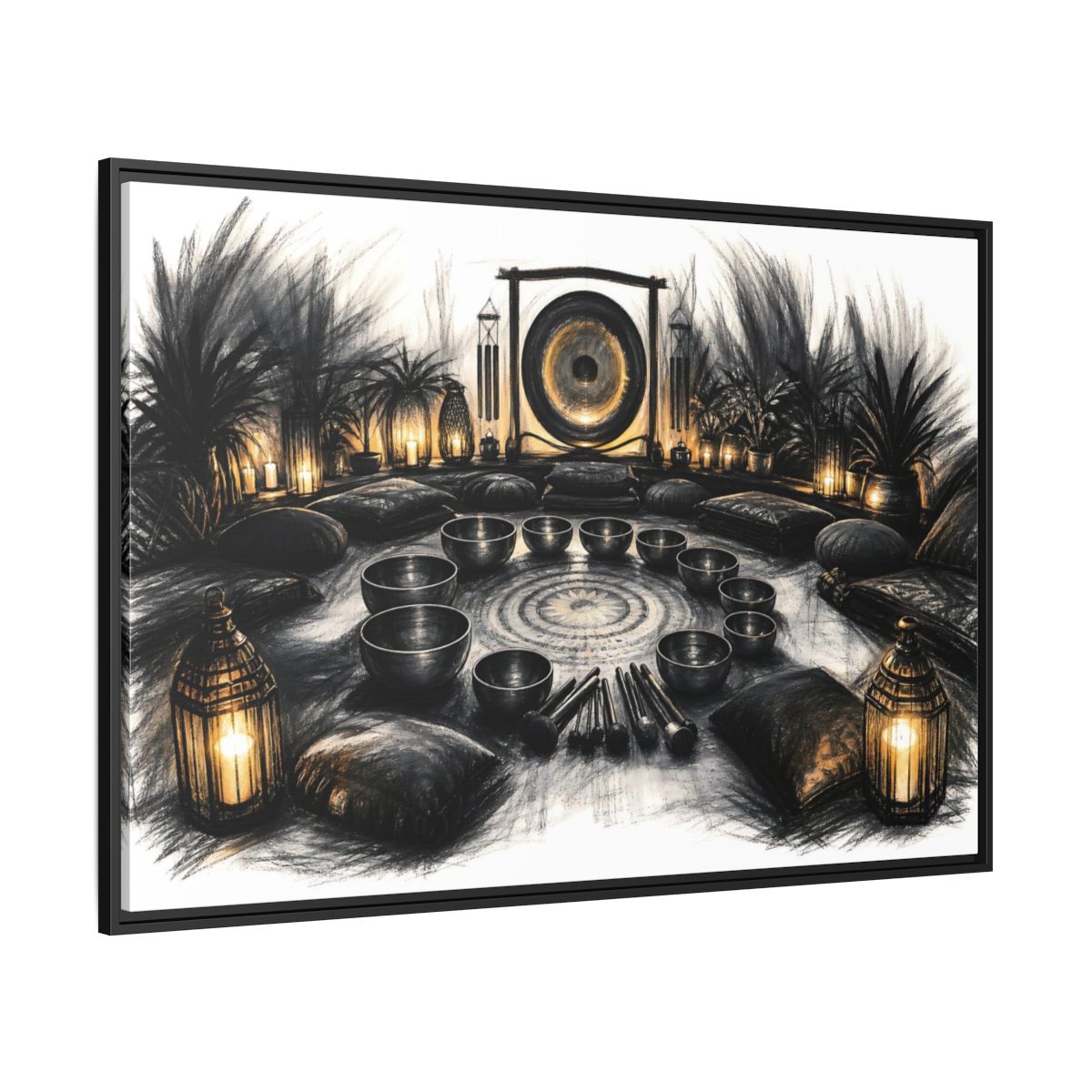 Side Mockup 12. Nature Sound Bath Charcoal Gold Meditation shown as framed canvas print