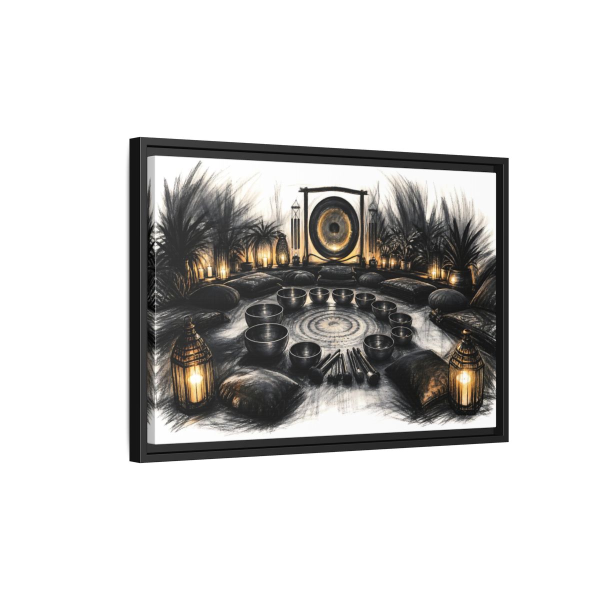 Side Mockup 3. Nature Sound Bath Charcoal Gold Meditation shown as framed canvas print