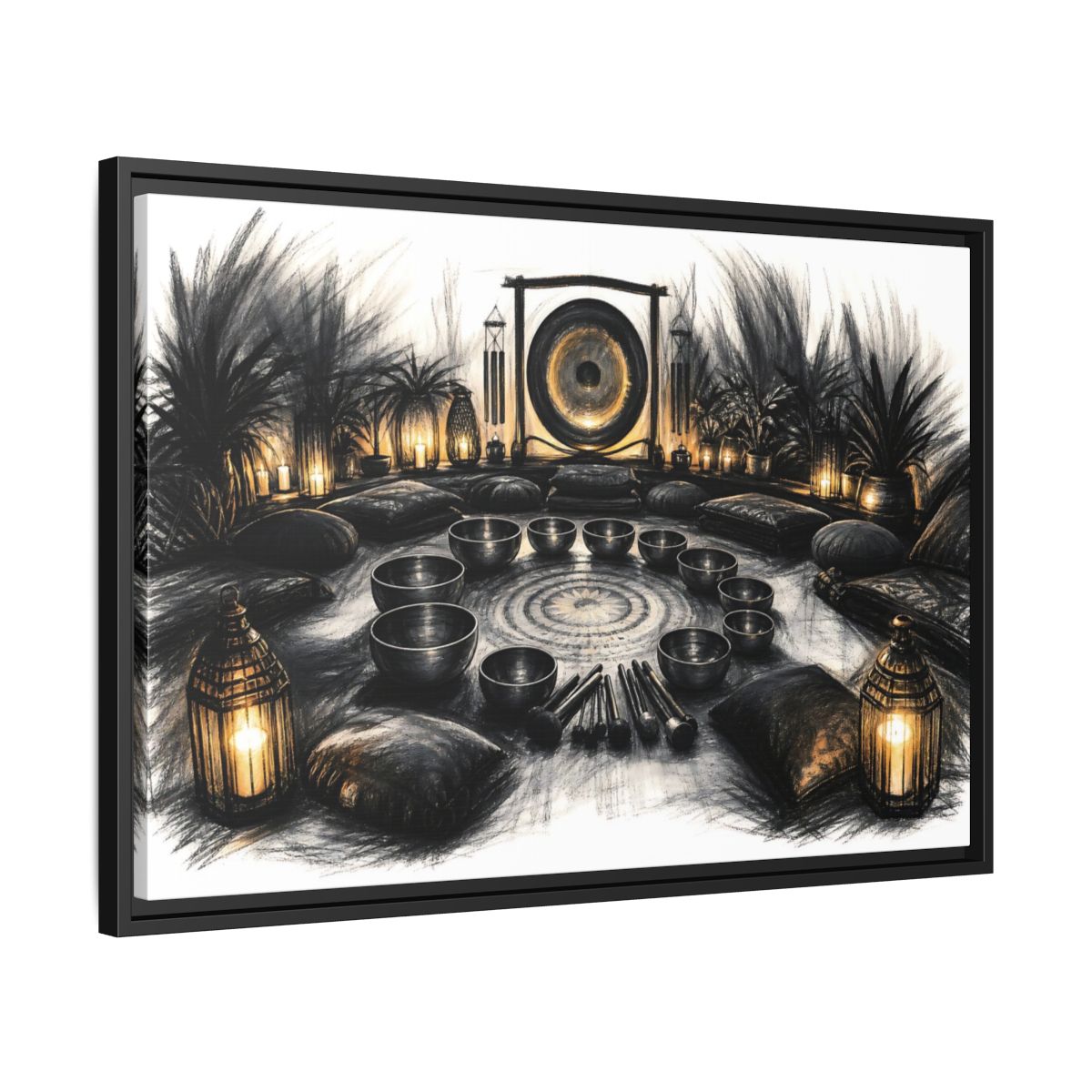 Side Mockup 14. Nature Sound Bath Charcoal Gold Meditation shown as framed canvas print