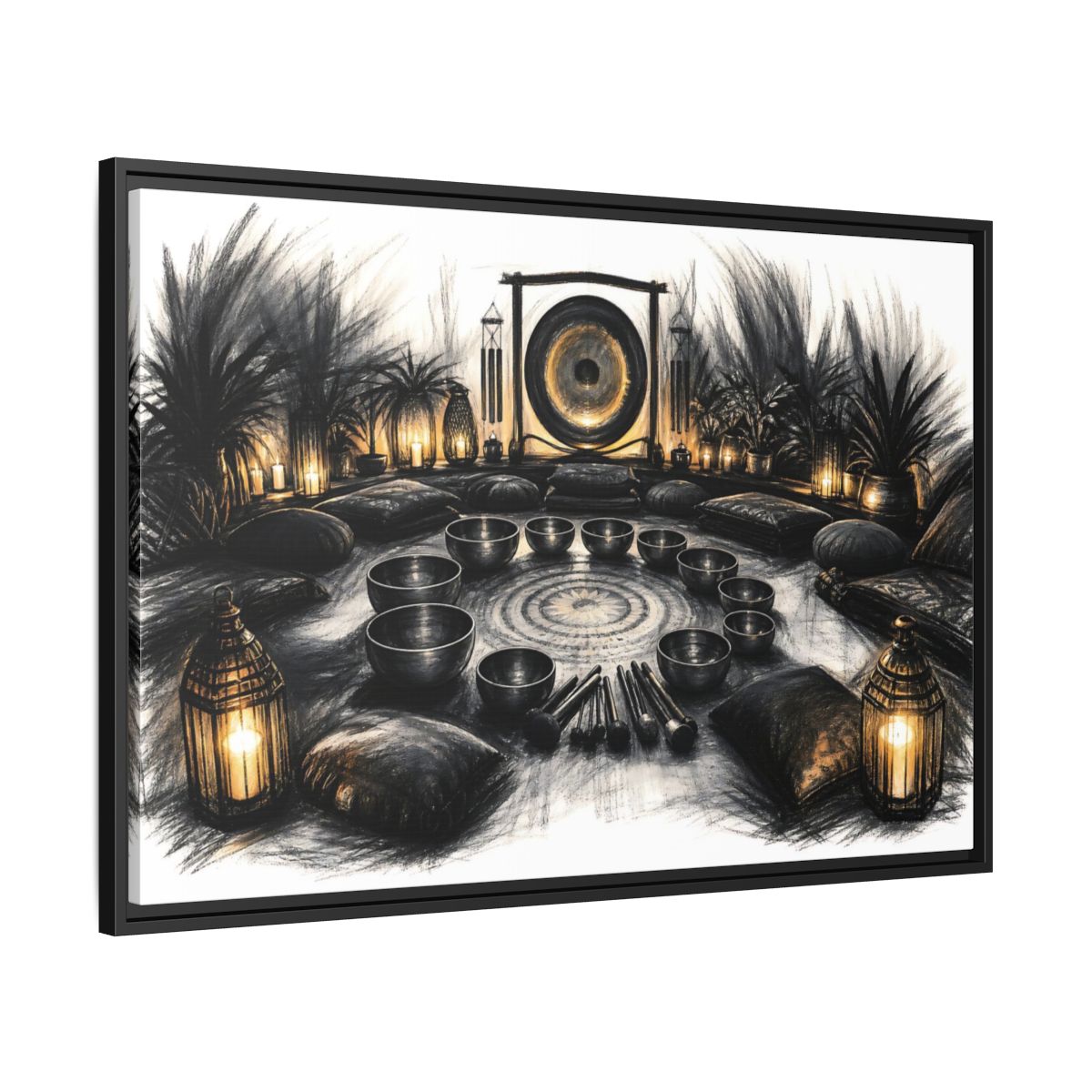 Side Mockup 13. Nature Sound Bath Charcoal Gold Meditation shown as framed canvas print