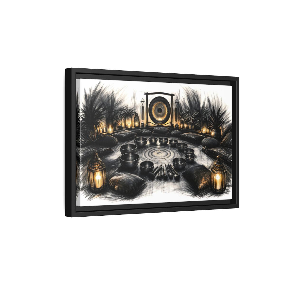 Side Mockup 6. Nature Sound Bath Charcoal Gold Meditation shown as framed canvas print