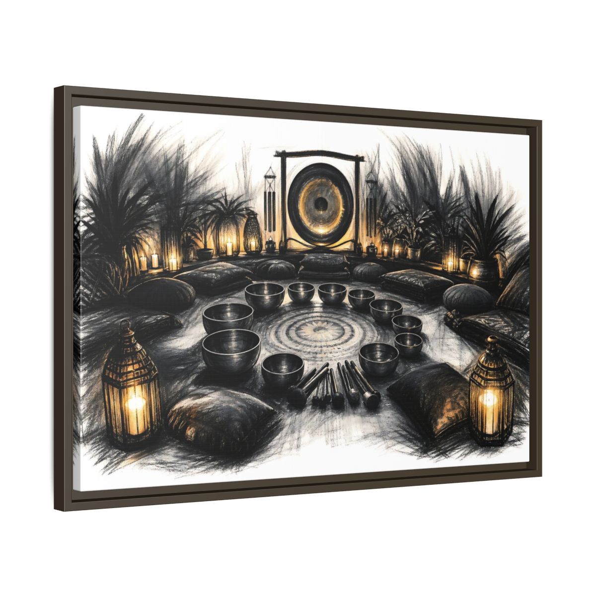 Side Mockup 11. Nature Sound Bath Charcoal Gold Meditation shown as framed canvas print