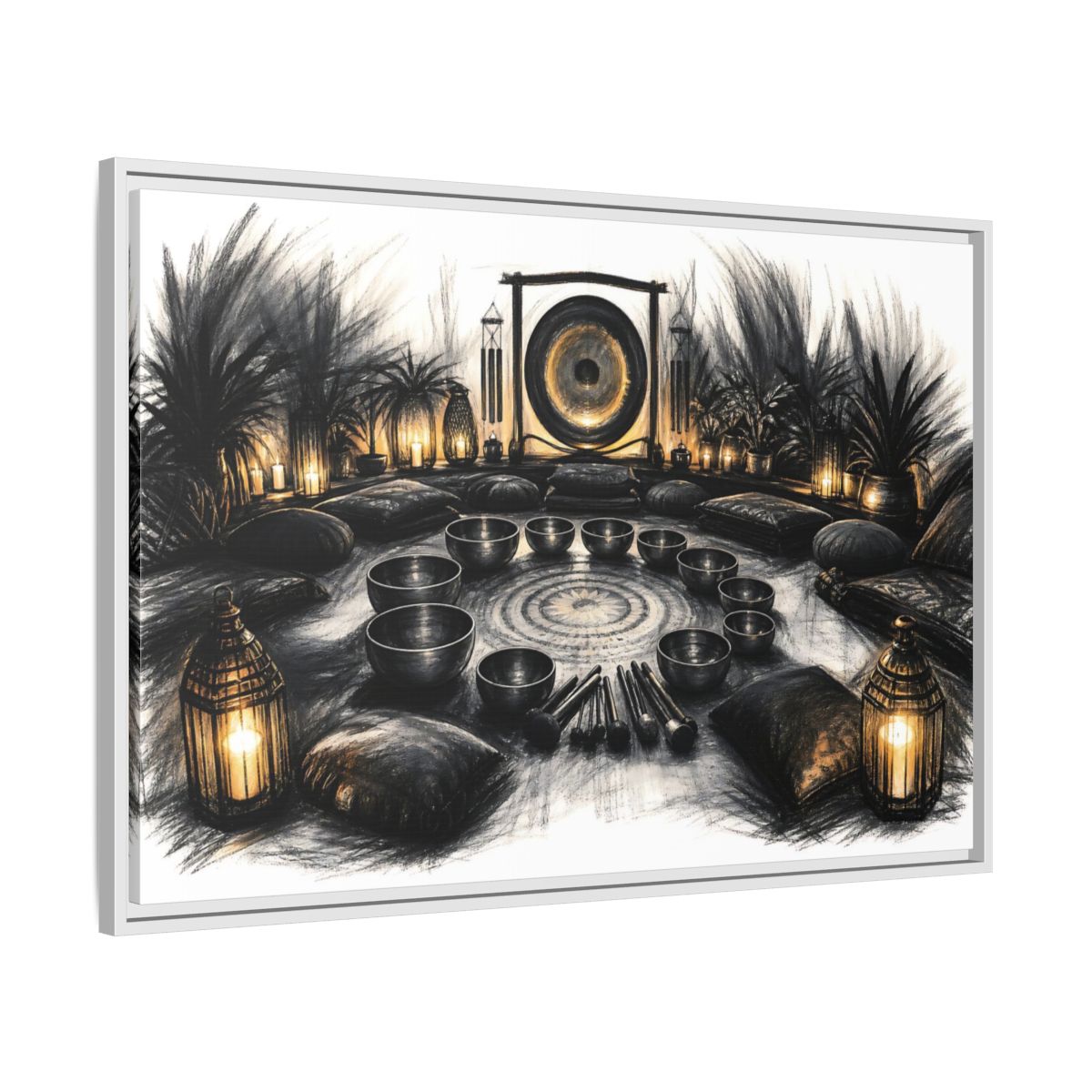Side Mockup 9. Nature Sound Bath Charcoal Gold Meditation shown as framed canvas print