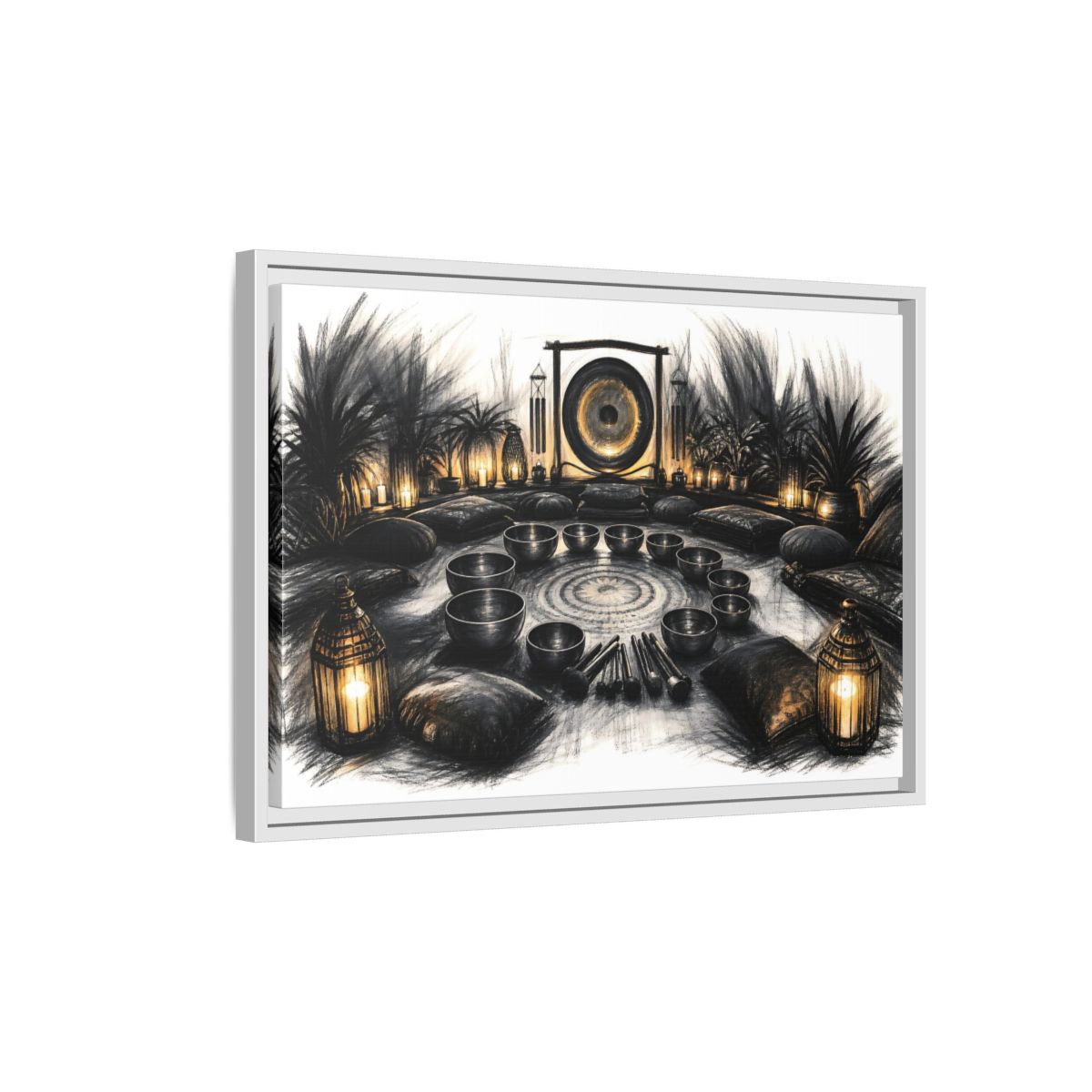 Side Mockup 1. Nature Sound Bath Charcoal Gold Meditation shown as framed canvas print