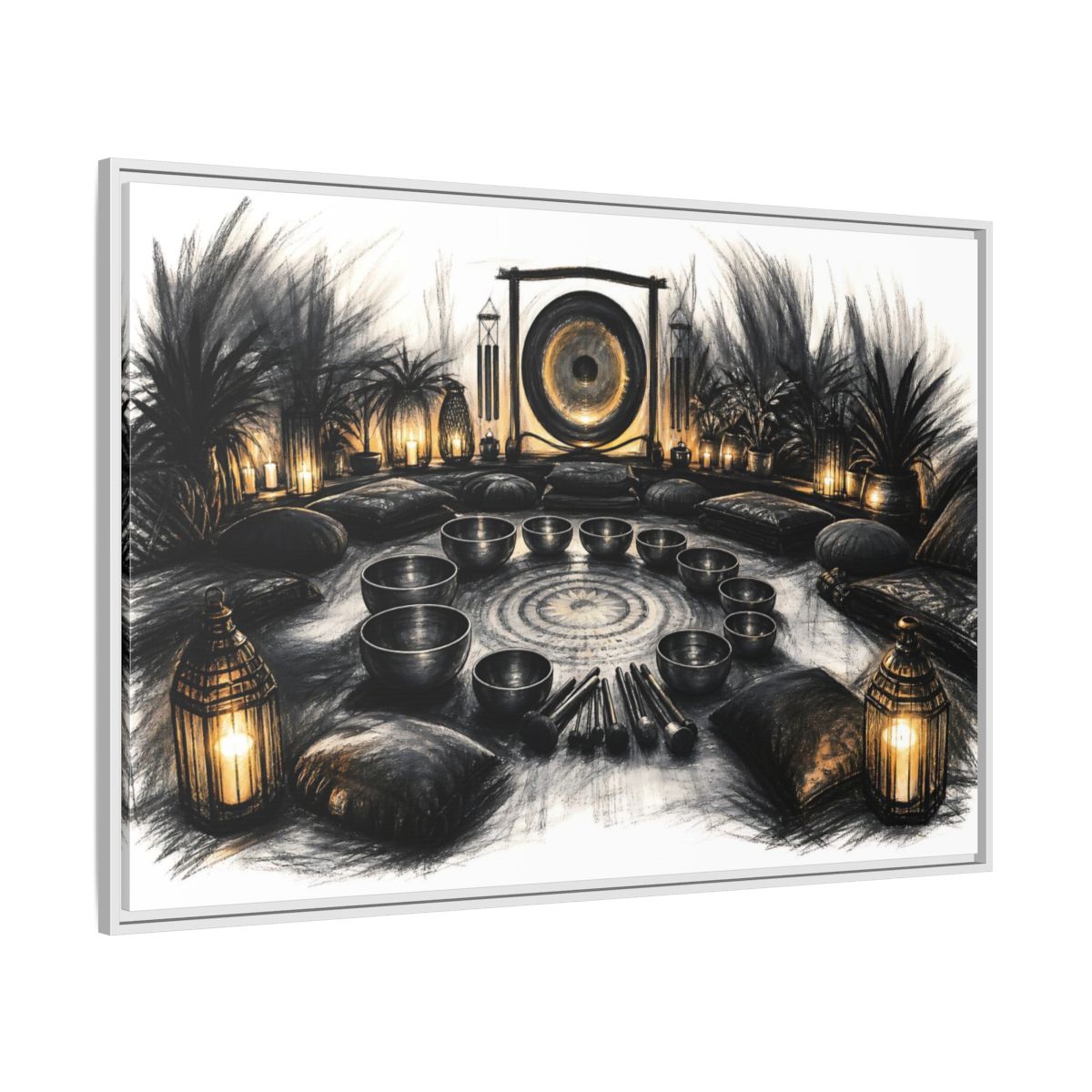 Side Mockup 7. Nature Sound Bath Charcoal Gold Meditation shown as framed canvas print