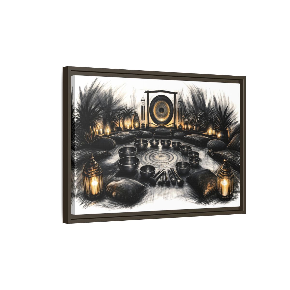 Side Mockup 2. Nature Sound Bath Charcoal Gold Meditation shown as framed canvas print