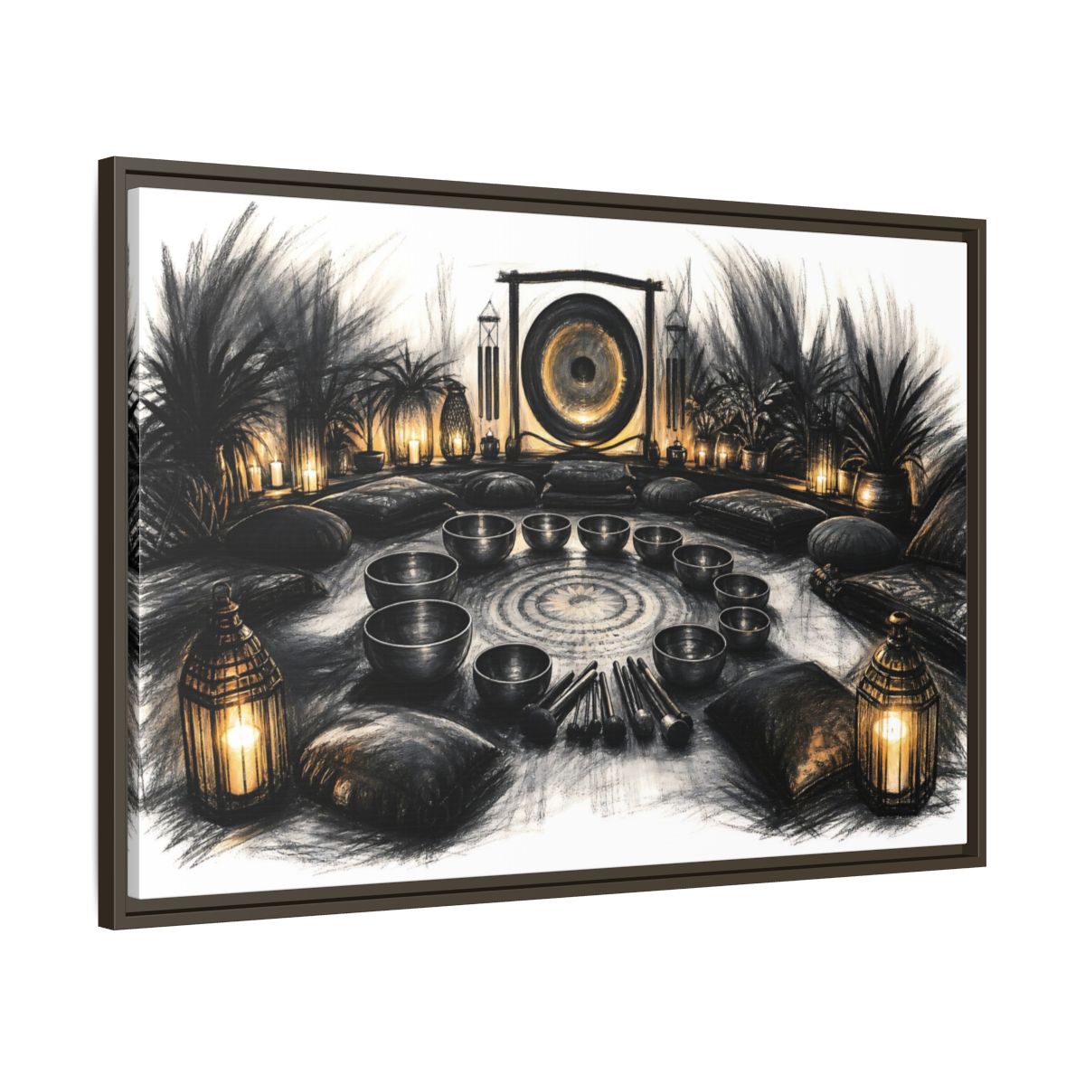 Main Mockup. Nature Sound Bath Charcoal Gold Meditation shown as framed canvas print