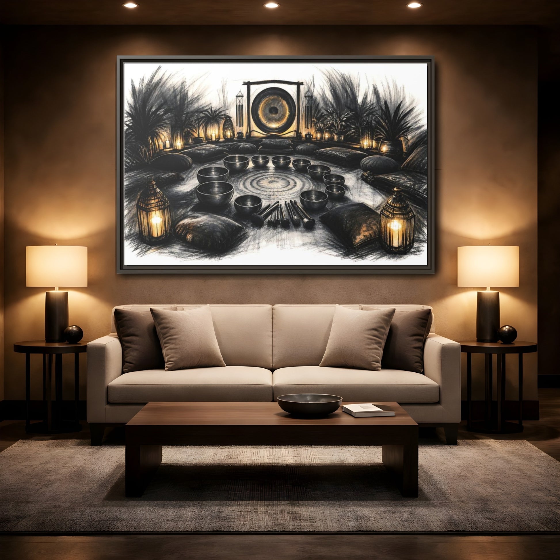 Mockup 2. Nature Sound Bath Charcoal Gold Meditation shown as framed canvas print