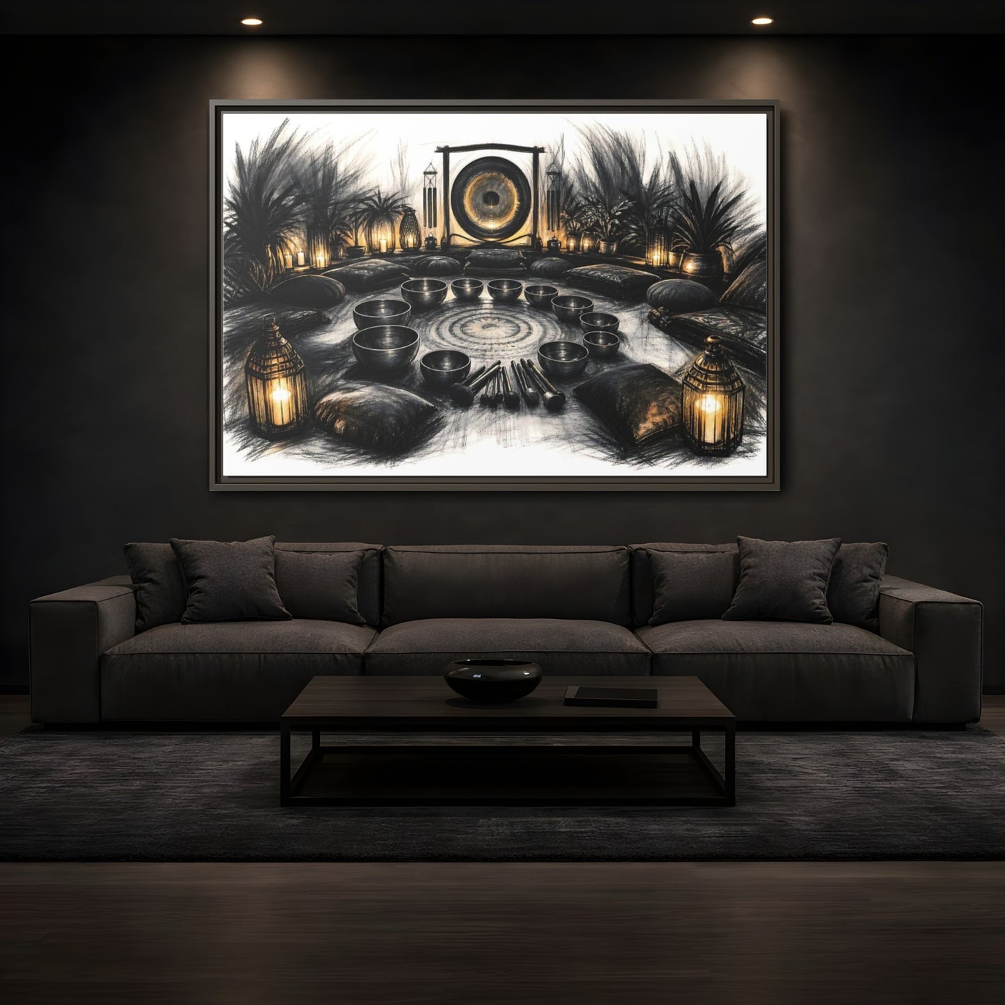 Mockup 3. Nature Sound Bath Charcoal Gold Meditation shown as framed canvas print