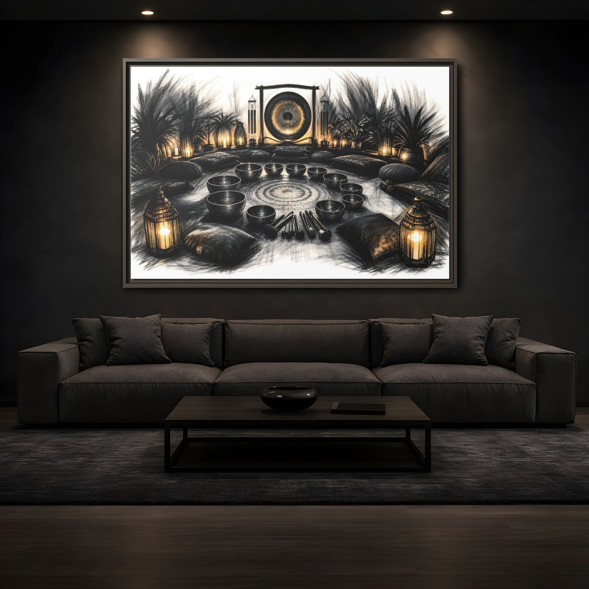 Mockup 3. Nature Sound Bath Charcoal Gold Meditation shown as framed canvas print